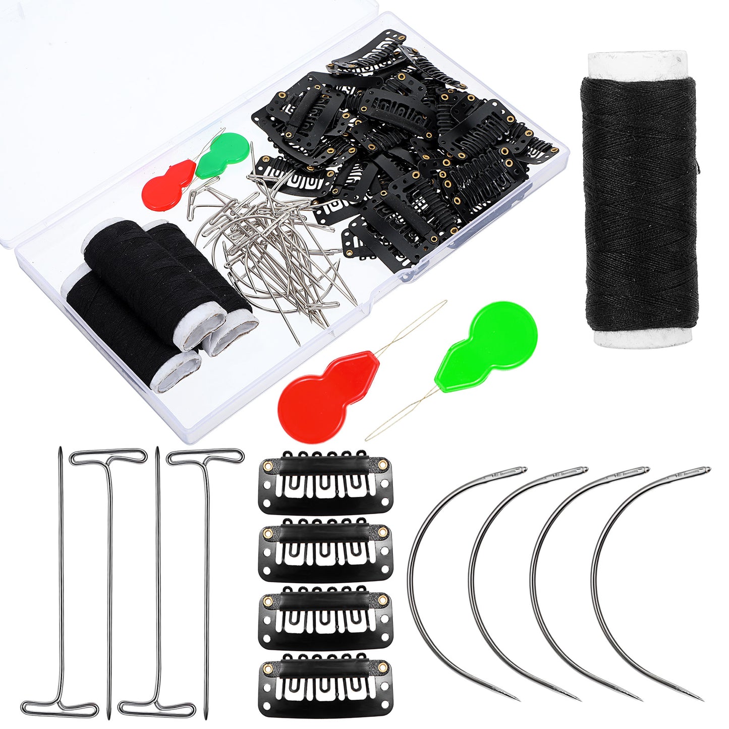 85pcs Hair Extensions Clip Wig Making Set,Includes 50pcs Wig Clips Snap Clips,20pcs T-Pins,10pcs Curved Needles,2pcs Needle Threader,3 Rolls Weaving Thread