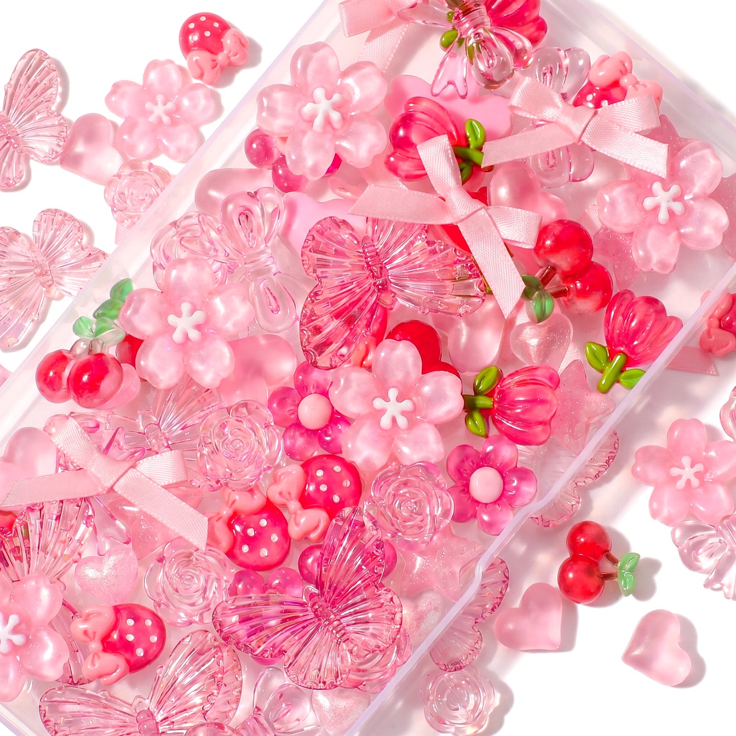 60 Pcs Cute Charms Pink Flat Back Charms Kawaii Craft Charms Resin Charms for Crafts Phone Case Junk Case DIY Kit Scrapbooking Decoration Patterns Include Cherries, Butterflies, Flowers, Stars, etc
