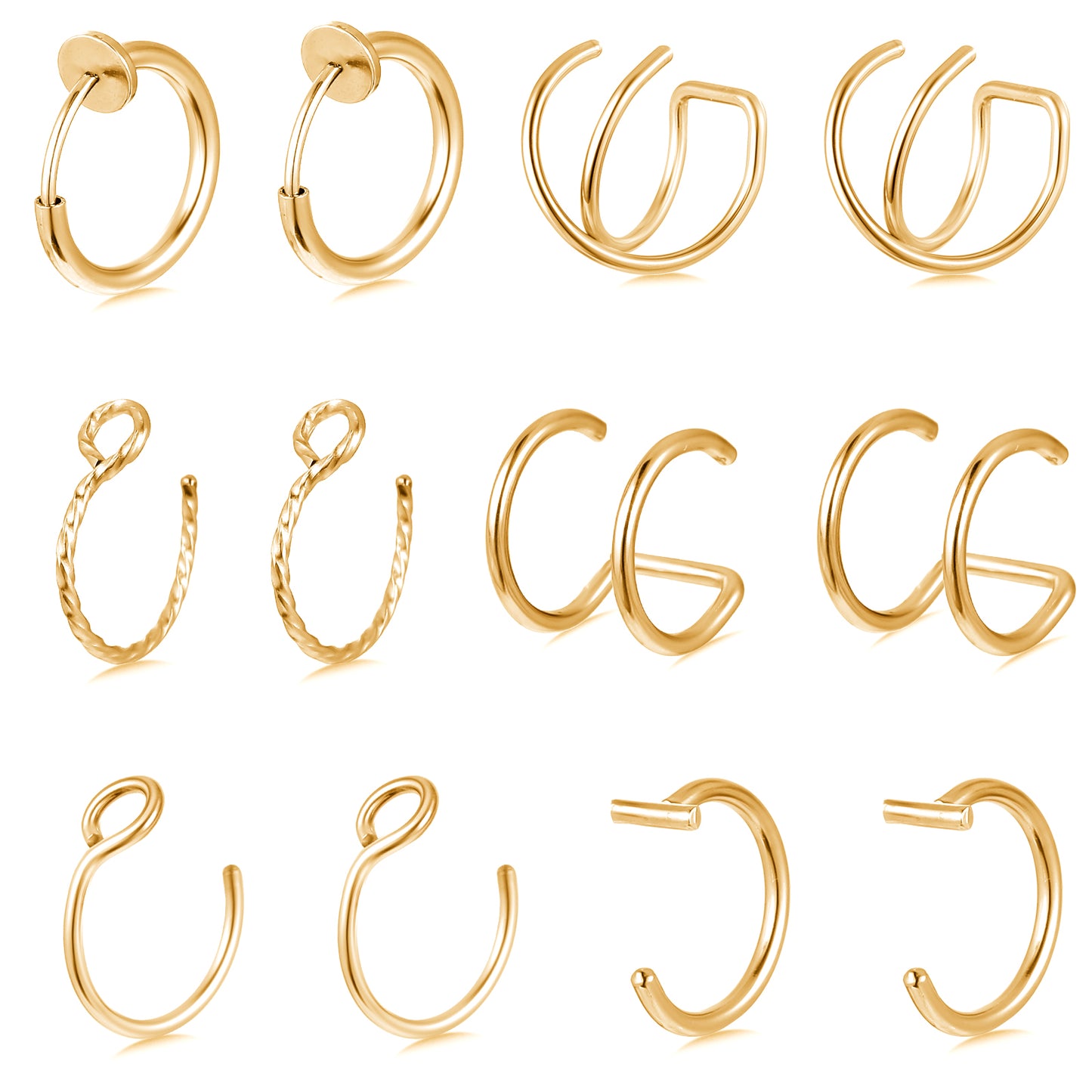 Lusofie 12Pcs Fake Nose Ring Gold, Fake Lip Ring Nose Cuffs, Clip on Faux Noses Rings Piercing for Women Men(Gold)