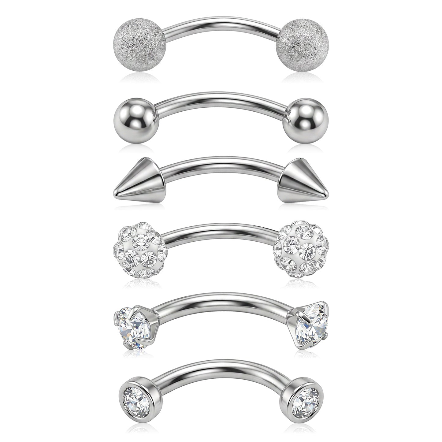 HekouJiub 6 Pcs Vertical Labret Jewelry, Stainless Steel Eyebrow Ring, 1.2mm (16G) Vertical Labret Lip Jewelry, Silver Curved Barbell Belly Rings Ear Rook for Women Men
