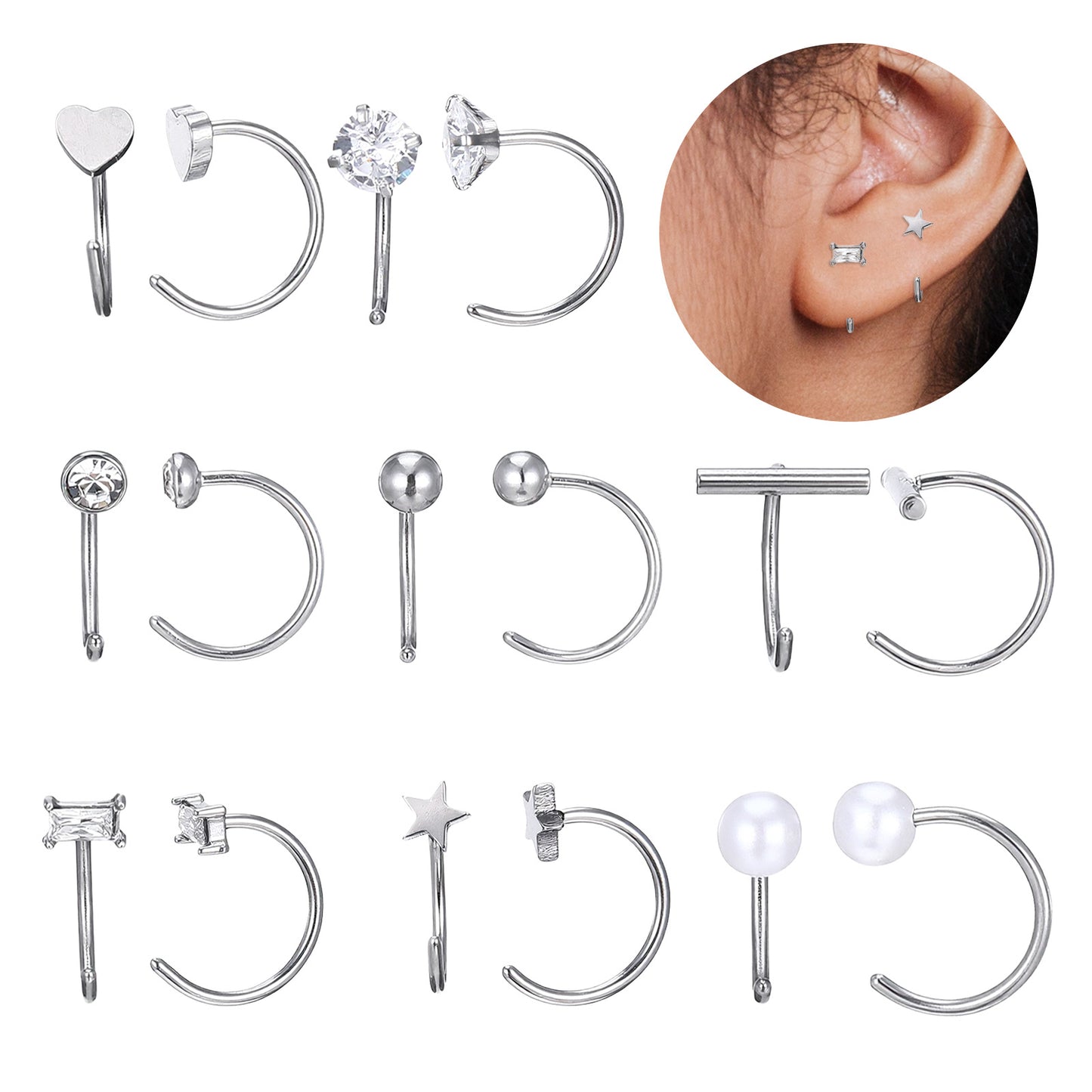 8 Pairs Stainless Steel Half Hoop Earrings | Huggie Hoop Earrings | Backless Earring for Women - Silver, Zircon, Pearl, Heart, Star, Bar, Ball, Dot