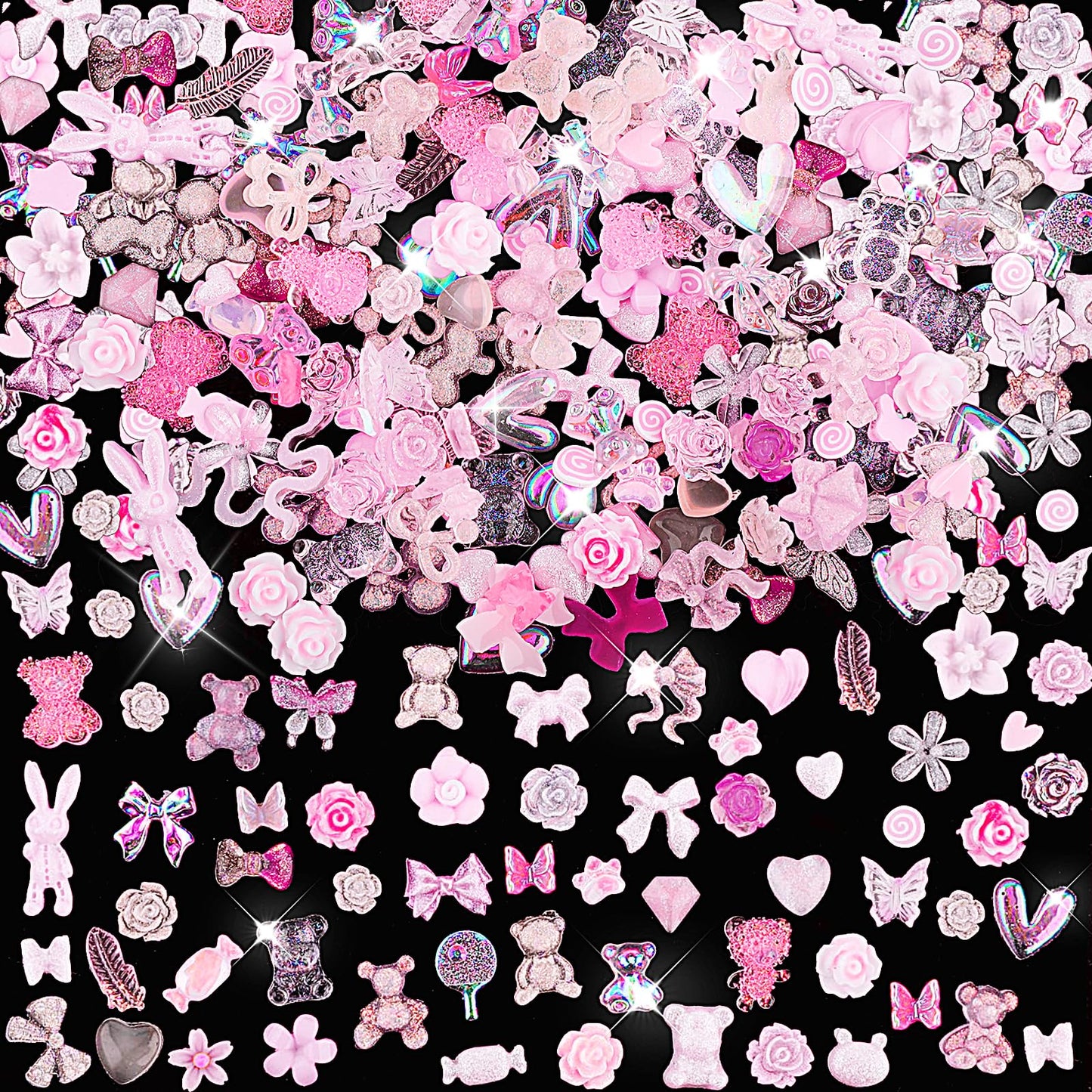 Aurora Bow Nail Charm 200Pcs 3D Multi Shapes Nail Charms Pink Mix Styles Butterfly Bow Flower Bear Lollipop Heart for Nail Art Decoration DIY Crafts Design Accessories