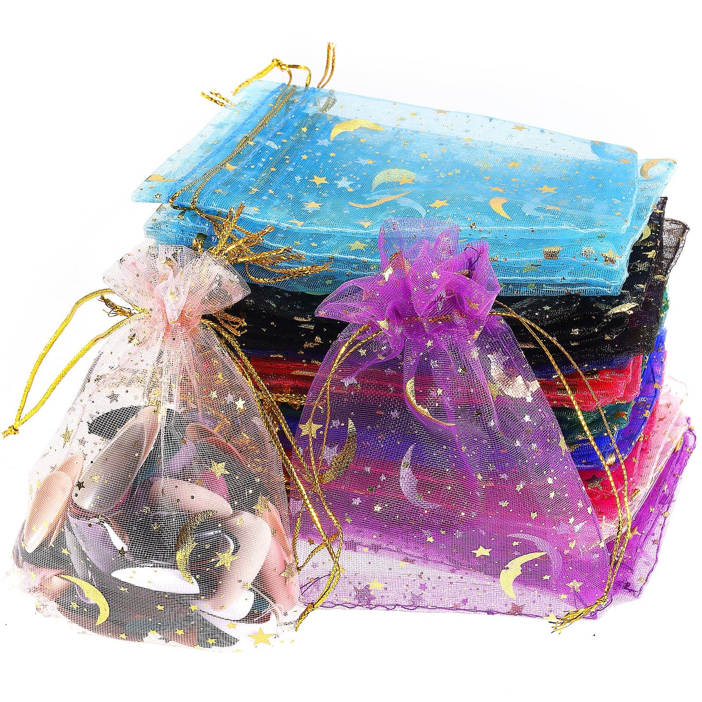 Yolev 100 Pieces Moon Star Organza Bags Jewelry Gift Bags Gold Favor Pouch Gift Bags for Valentine's Day Wedding Christmas Festival Party Favors