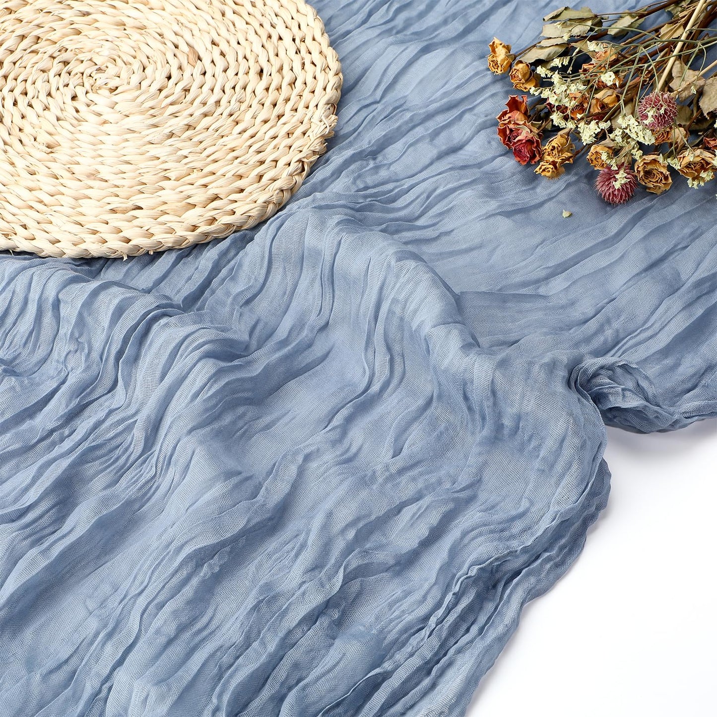 Blue Cheesecloth Table Runner 35x120 Inch Rustic Boho Gauze Cheese Cloth Table Runner Modern Long Gauze Table Runner for Baby Shower Decoration Wedding Bridal Birthday Party Reception Table Decoration