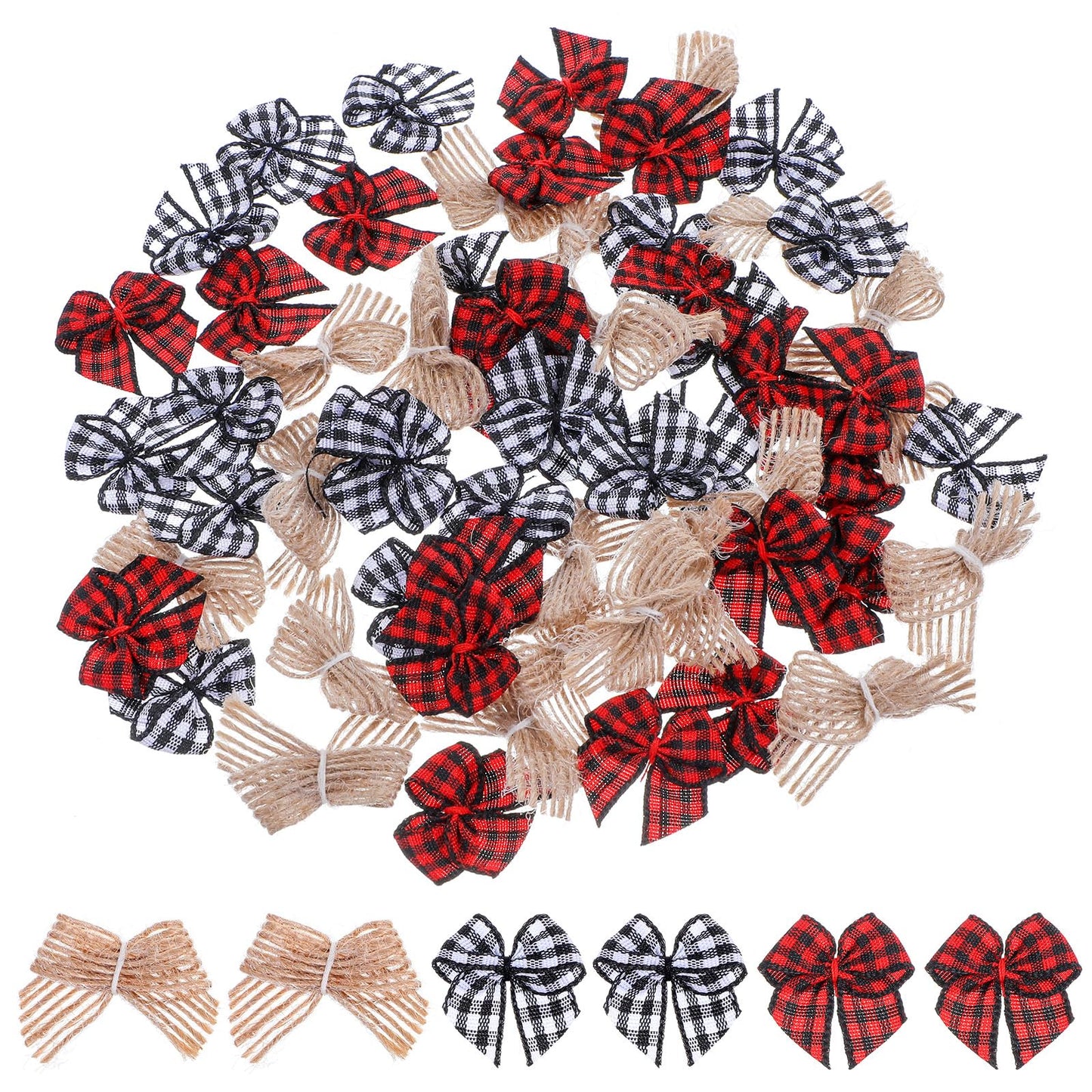 60Pcs Christmas Mini Bows for Crafts, Burlap Bows Buffalo Plaid Bows Black Red White Mini Ribbon Bows for Christmas Tree Gift Decorations DIY Making