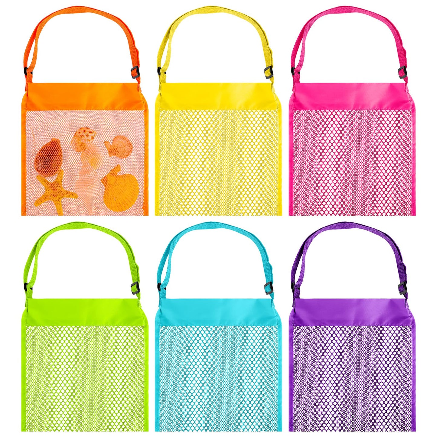 Lusofie 6 pcs Colourful Seashell Bags for Kids Adjustable Strap Beach Bags for Shell Collecting, Sand Toys, and Beach Vacation Essentials