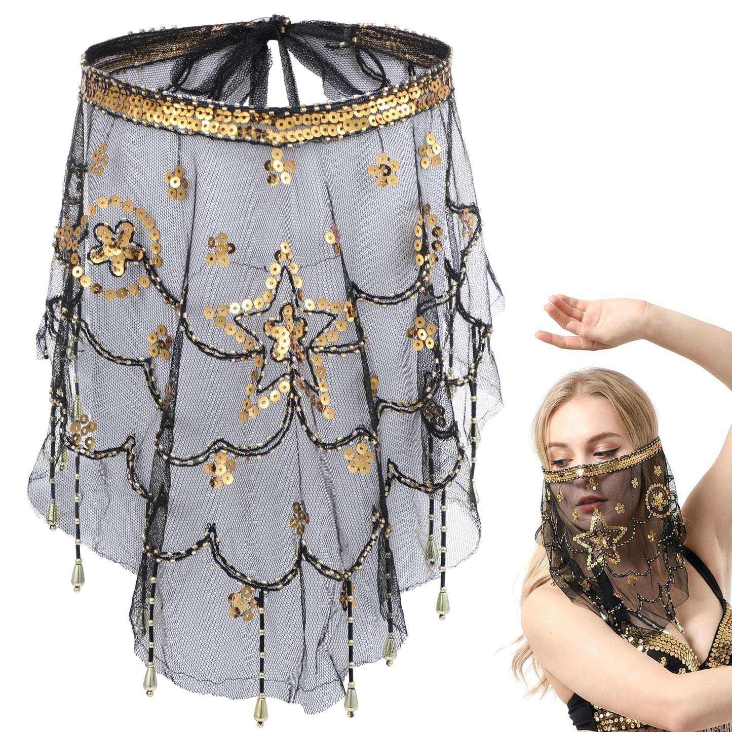 Belly Dance Costume,Belly Dance Face Veil with Beads Sequins Adjustable Strap for Halloween Cosplay, Arabian Princess, India DanceTheme Party Accessories
