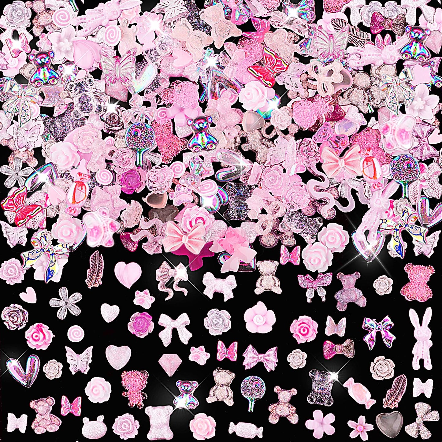 Aurora Bow Nail Charm 300Pcs 3D Multi Shapes Nail Charms Pink Mix Styles Butterfly Bow Flower Bear Lollipop Heart for Nail Art Decoration DIY Crafts Design Accessories