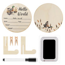Duck Baby Announcement Sign with Marker Pen,5.9in Round Wooden Hello World Newborn Signs,with Ink Pad for Hand and Footprints, Baby Photo Prop,Nursery Decor Keepsake Gifts