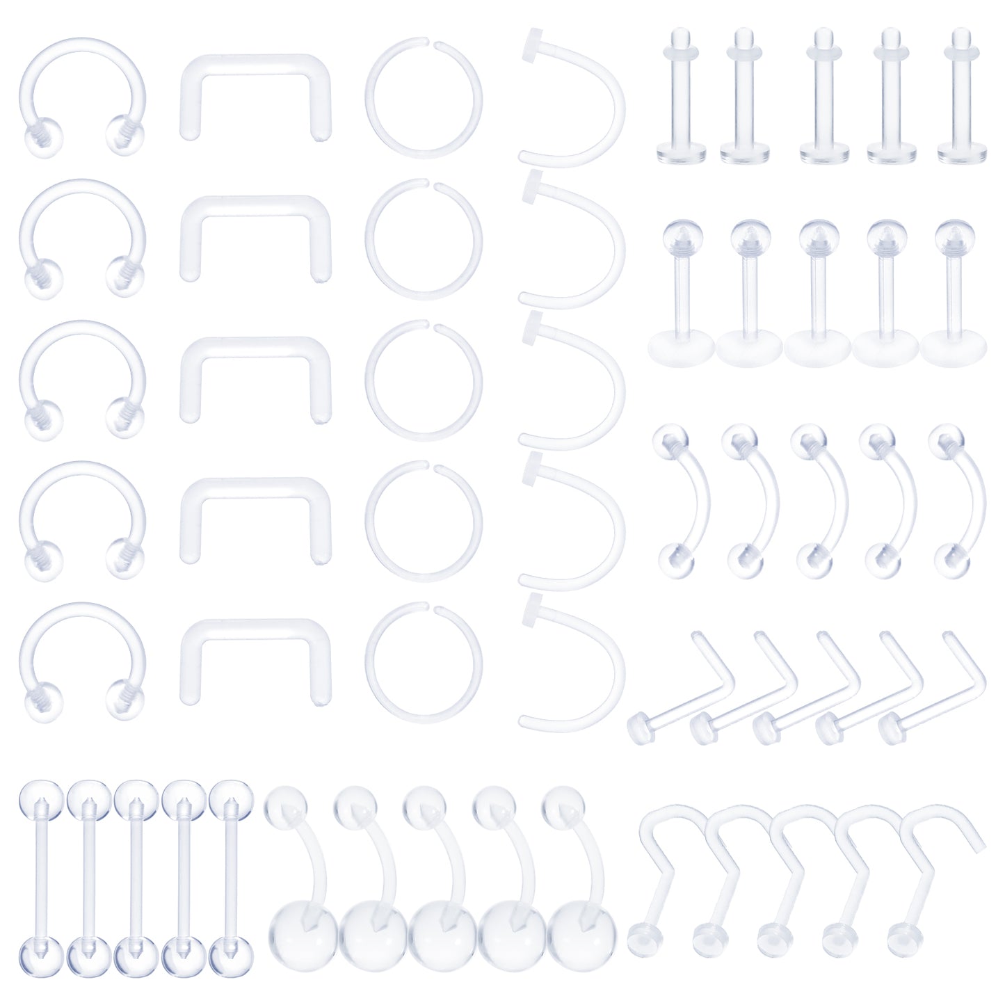HaiFafafaing 55pcs Clear Piercing Retainer Plastic Nose Studs Septum Rings Flexible Lip Labret Stud Tongue Nipple Rings Cartilage Belly Eyebrow Bars Earring Retainer