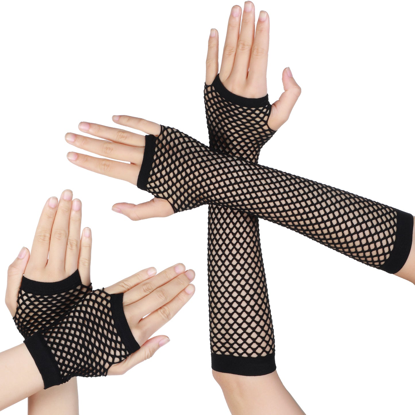 Fishnet Gloves, 6 Pairs Fingerless Fish Net Gloves for Women, Long and Short Stretch Retro Arm Sleeves Halloween Outfit(Black)