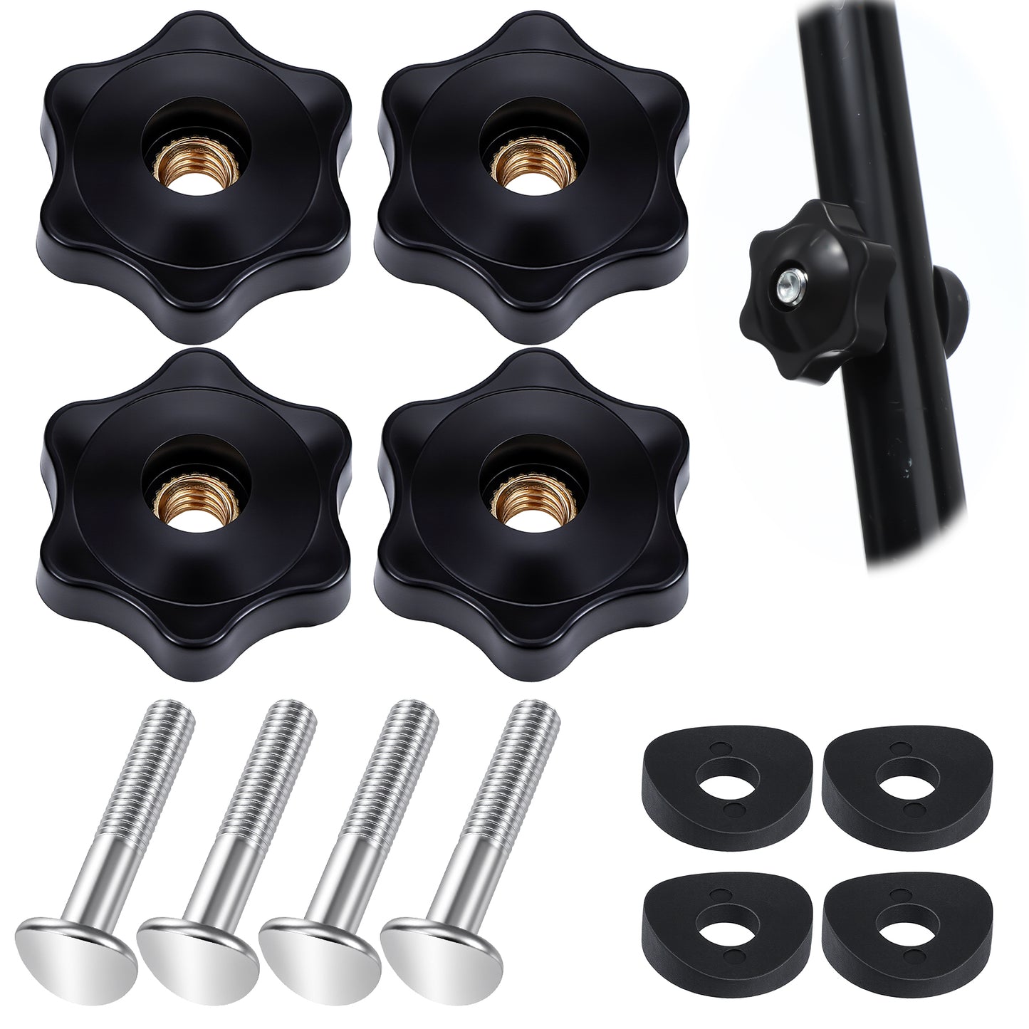 Telooco 4 Pcs Lawn Mower Handle Bolts Handle Knob And Screw Bolt Washer Kit Mower Knob Contains 4 Screws & 4 Washers for Repairing Snowplow and Lawn Mowers Parts (Black)