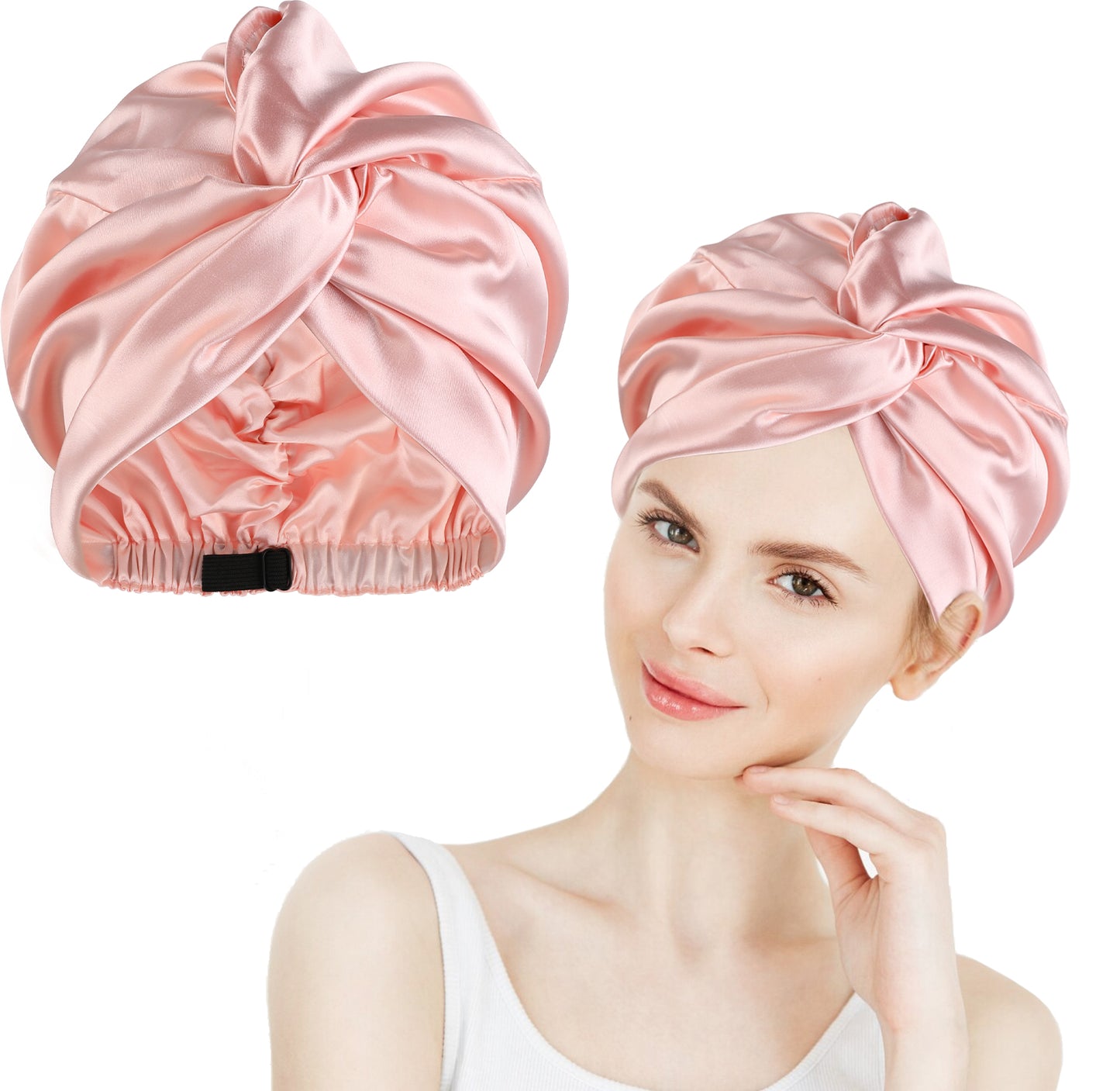 Silk Satin Bonnet for Sleeping Hair Satin Silk Bonnet for Sleeping Women Double-Layer Silk Hair Wrap with Elastic Band, Adjustable Sleep Cap Includes Silk Scrunchie(pink)