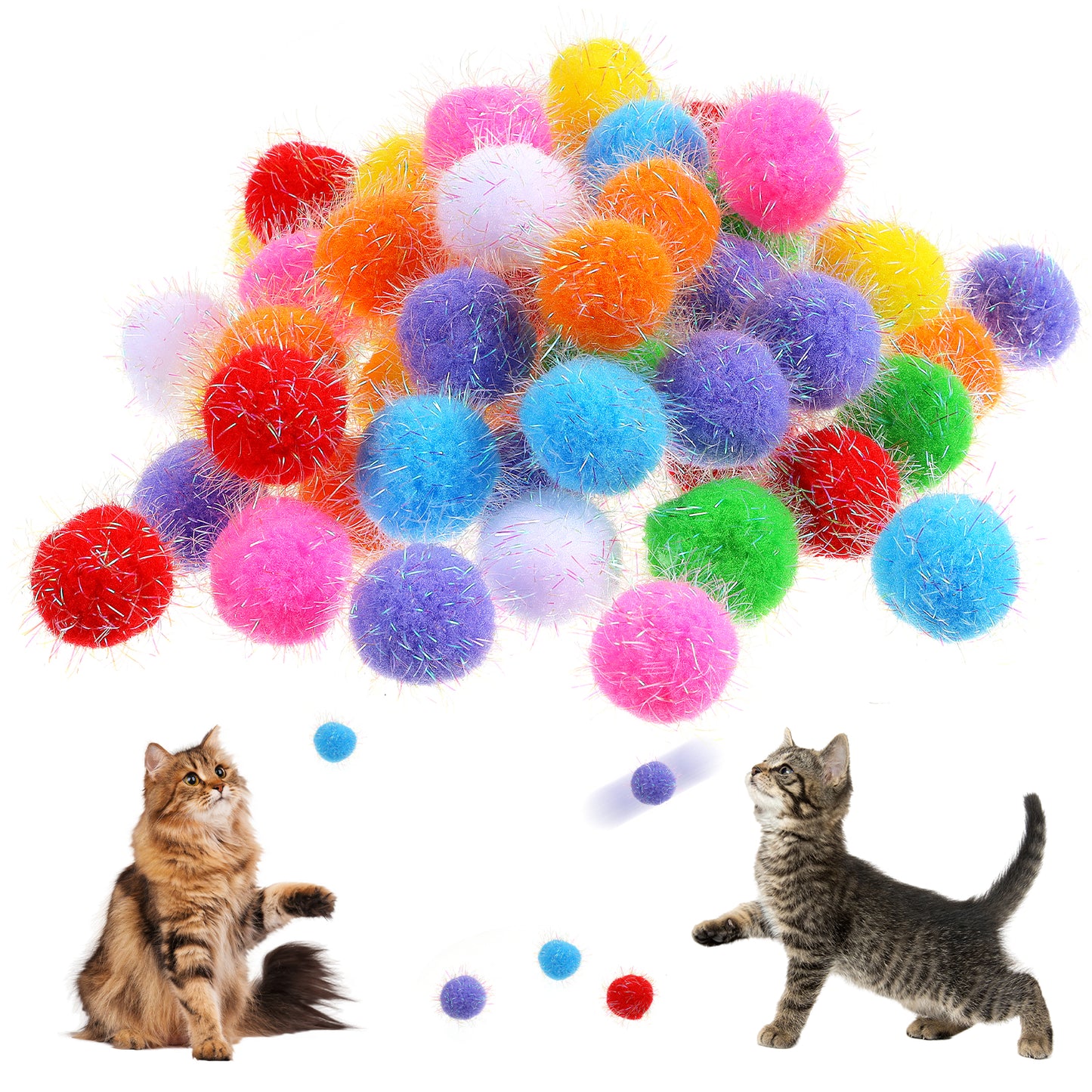 60 Pcs Sparkle Cat Toy Balls 1.5 Inch Assorted Colour Pom Pom Balls Interactive Toys for Indoor Cats, Kittens Exercise and Multi-Cat Play