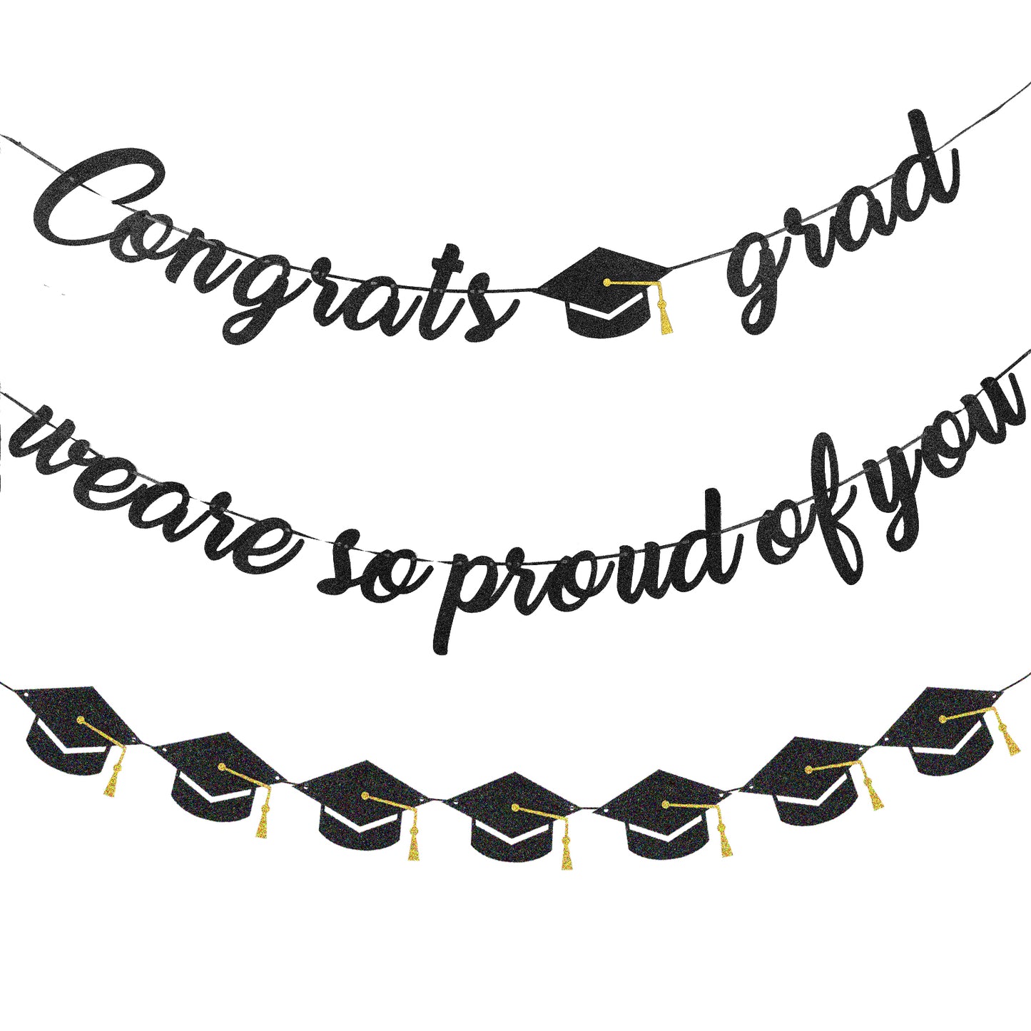Grad Party Decorations, 2.5m Graduation Banner, We are So Proud of You Banner, Black Glitter Grad Cap Decorations, for Use in Middle School, High School, University Graduation