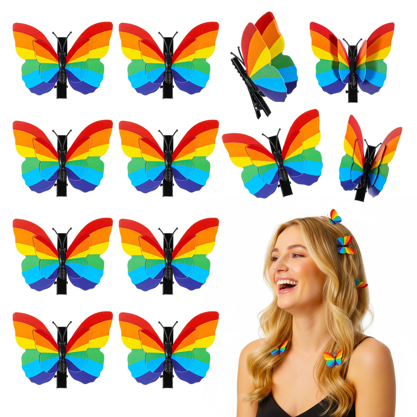 12 Pcs Rainbow Hair Clips Butterfly, LGBT Pride Snap Barrettes for Women Girls, Cute Small Metal Hair Accessories for Pride Day Parade Party Celebrations