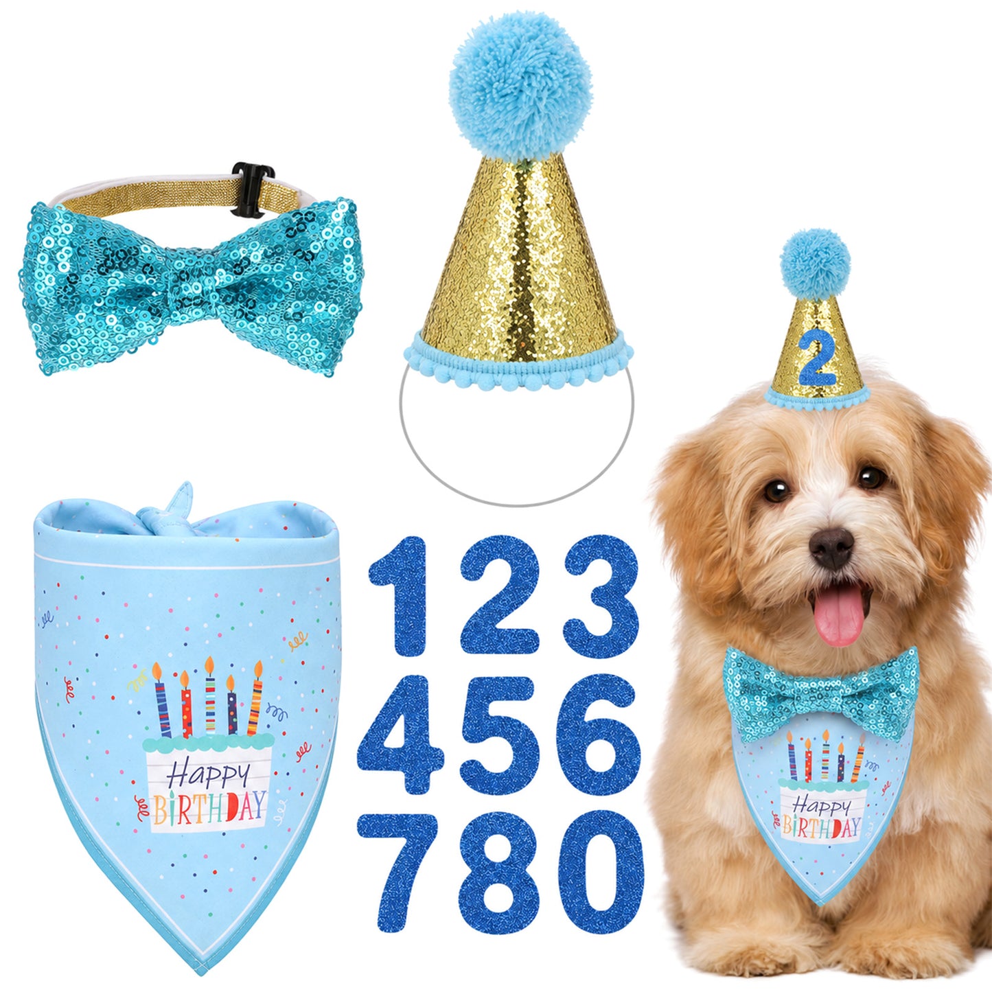 Dog Birthday Bandana Hat, Boy Dog Party Happy Birthdays Numbers Hat Bow Tie for Pet Puppy Cat Birthdays Party Decorations, Pet Costumes Headwear Accessories