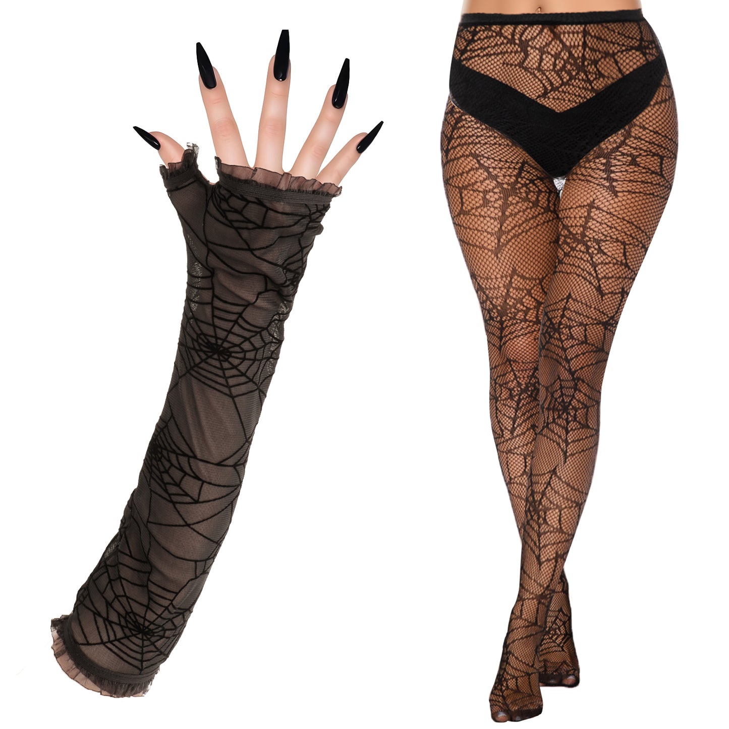 HaiFafafaing Halloween Black Fingerless Gloves with Spider Web Tights for Women Lace Spider Web Gloves Arm Warmer Long Halloween Witch Costume Accessories Thigh High Socks