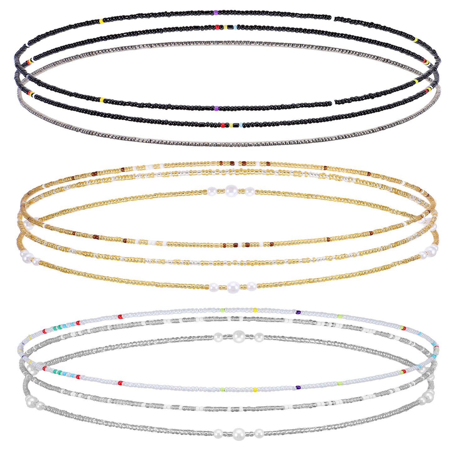 9Pcs Belly Beads for the Waist - Stretchy African Waist Beads for Weight Loss For Bikini Beach Summer - Gold White Black Belly Chain