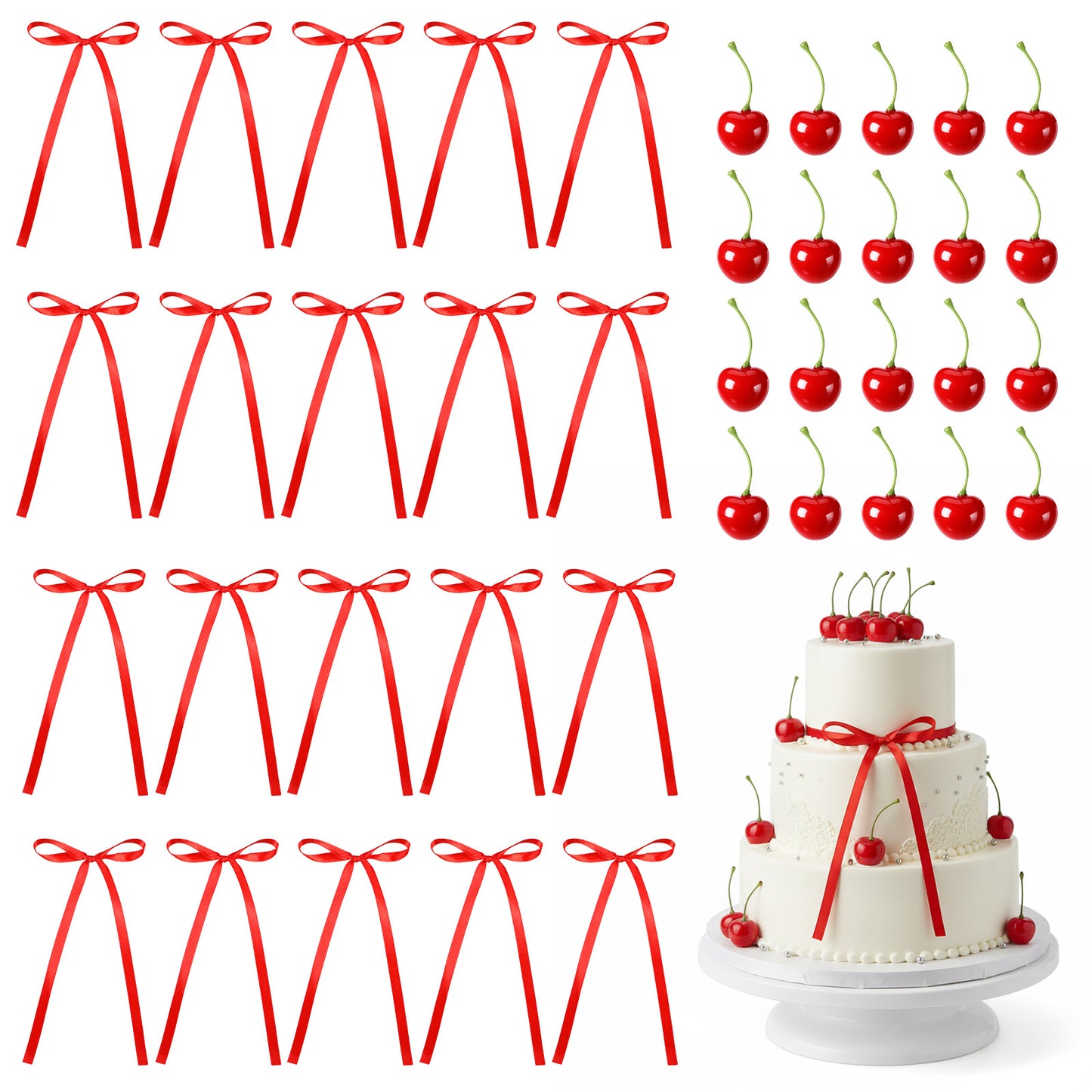 Cherry Birthday Decorations Set of 40 - Lifelike Fake Cherries & Red Bows for Wedding, Baby Shower, Birthday Party Cakes | Food Safe Non-Edible Toppers for DIY Dessert Decorating