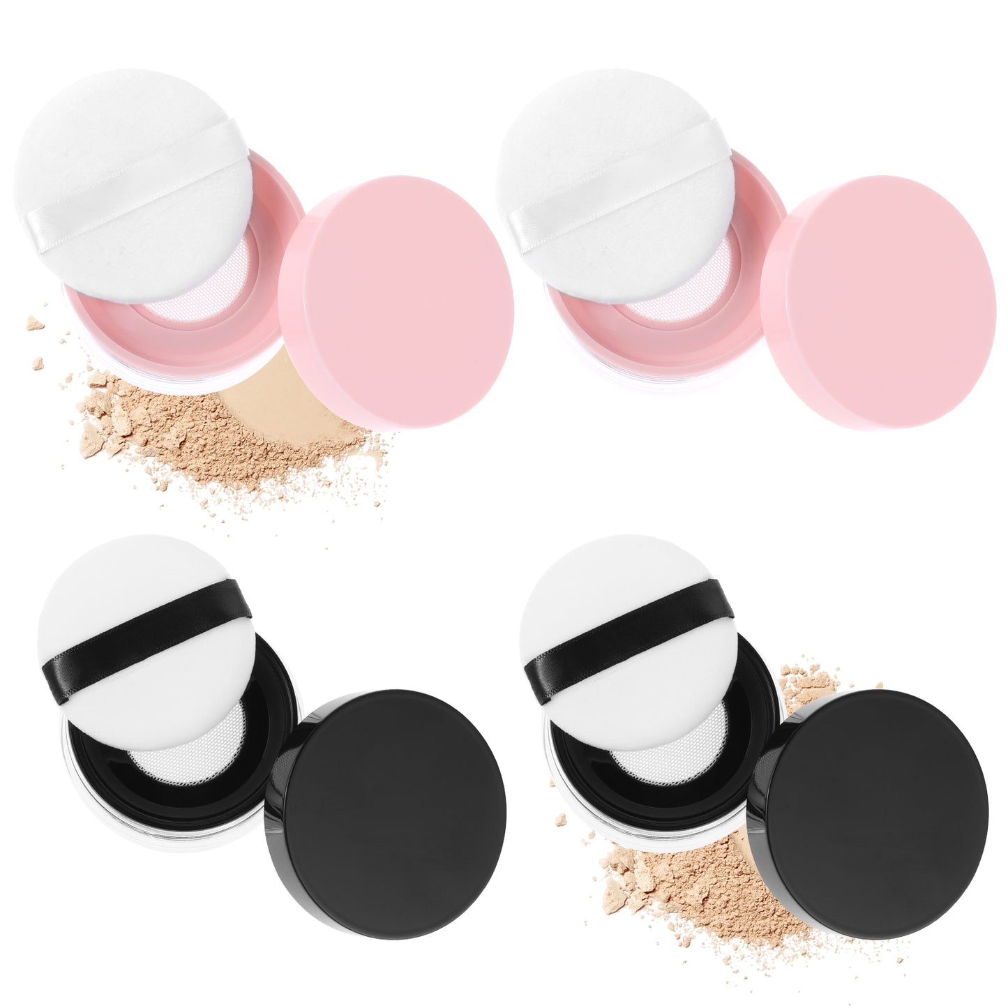 Lusofie 4Set Loose Powder Containers Empty Travel Powder Container Refillable Powder Box Case 10 ml/ 0.33 oz No Leaks Powder Puff and Container with Elastic Net Sifter Screw Lid(Pink, Black)