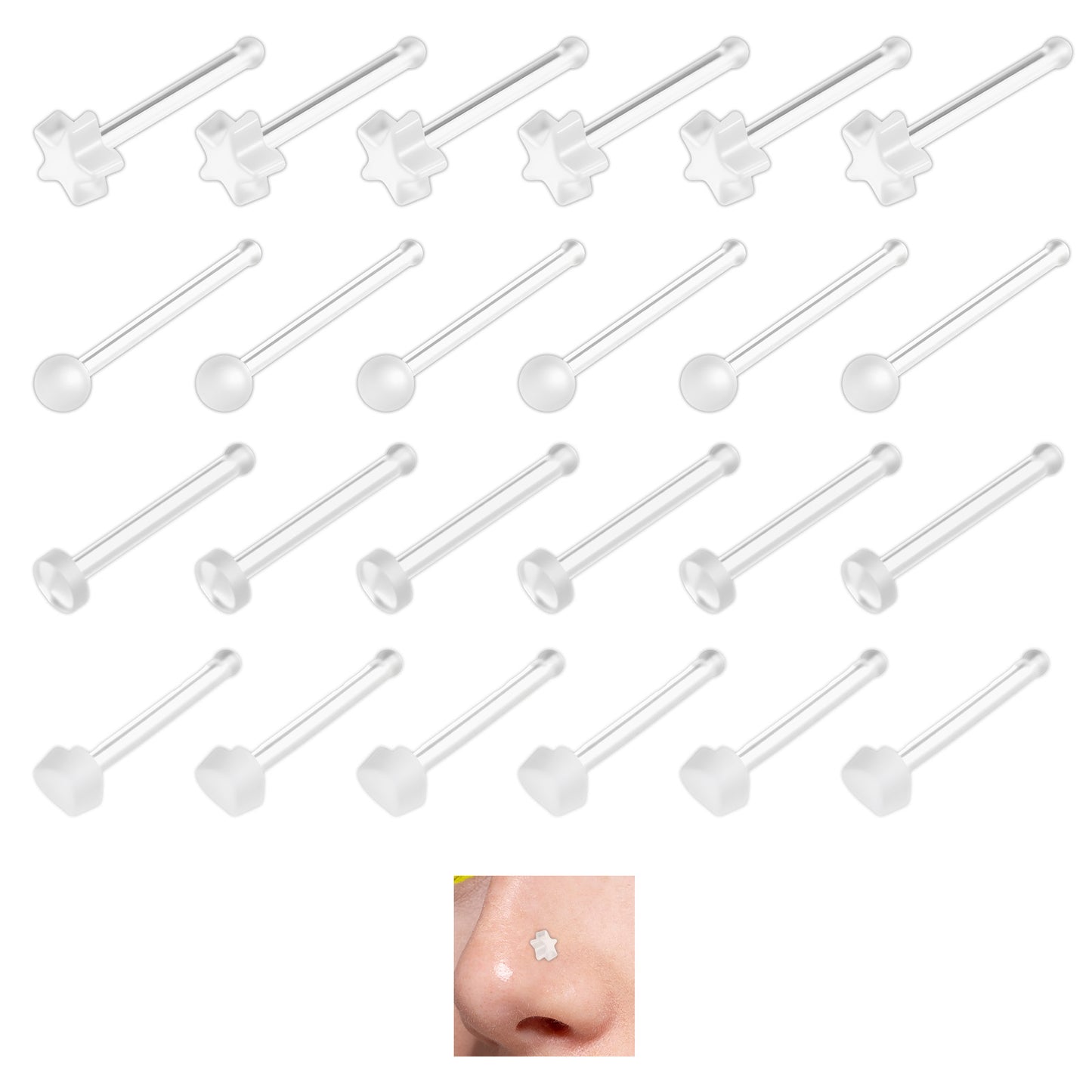 Tucnoeu 24pcs 18g Clear Nose Studs for Work, Clear Nose Piercing Retainer, Plastic Noses Rings for Surgery, Flexible Bioflex Noses Studs with Star and Heart Design