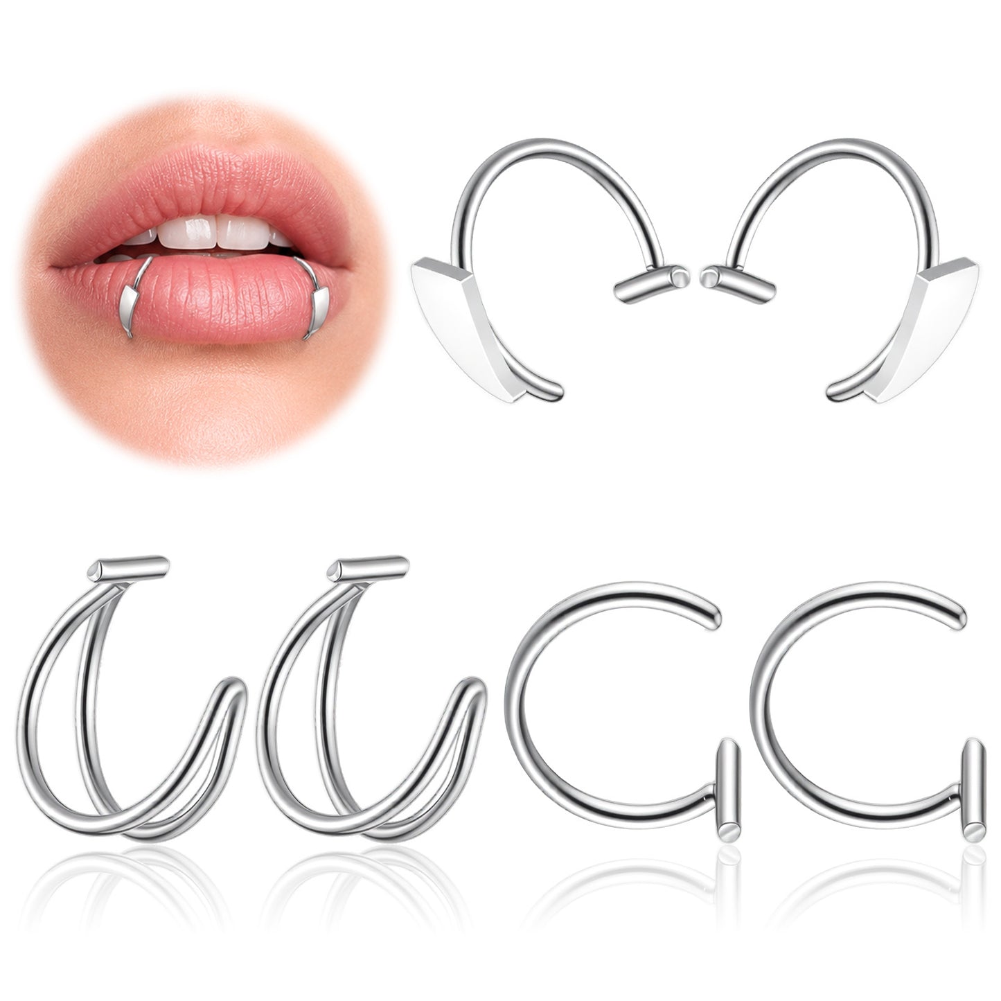 12Pcs Fake Lip Piercings, Silver Fake Lip Rings Cuffs,Stainless Steel Fake Snake Bites Clip on Nose Ring Ear Cuff Cartilage Earring Non Piercing Body Jewelry Double Hoop Snakebite Jewelry for Women