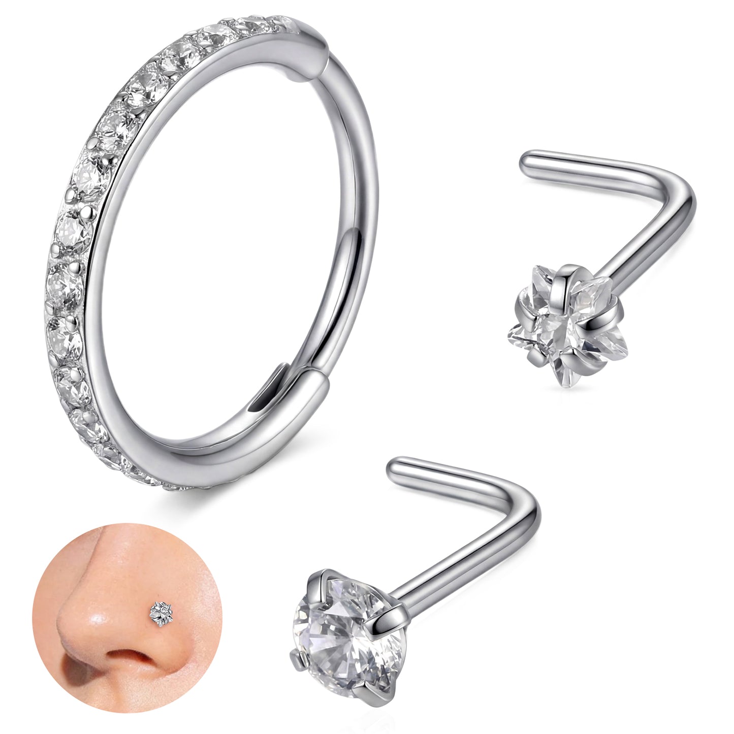 Josojoou Titanium Nose Ring Set - 3 PCS Nose Piercing Jewellery, 20G 8mm Noses Hoop & 2 L-Shaped Studs, Helix Piercing for Sensitive Skin, Men & Women