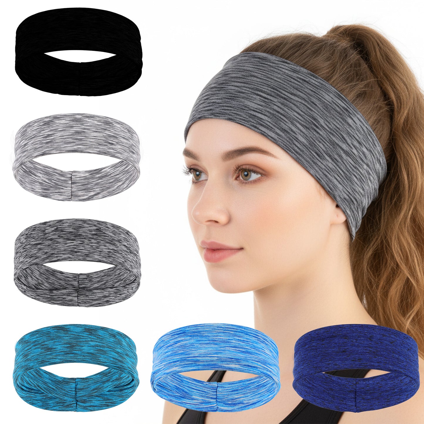 6pcs Sweat Bands Headbands for Women Non Slip - Versatile Athletic Headbands for Yoga, Gym, Running - Blue, Gray, Deep Blue, Black, Dark Gray, Purple