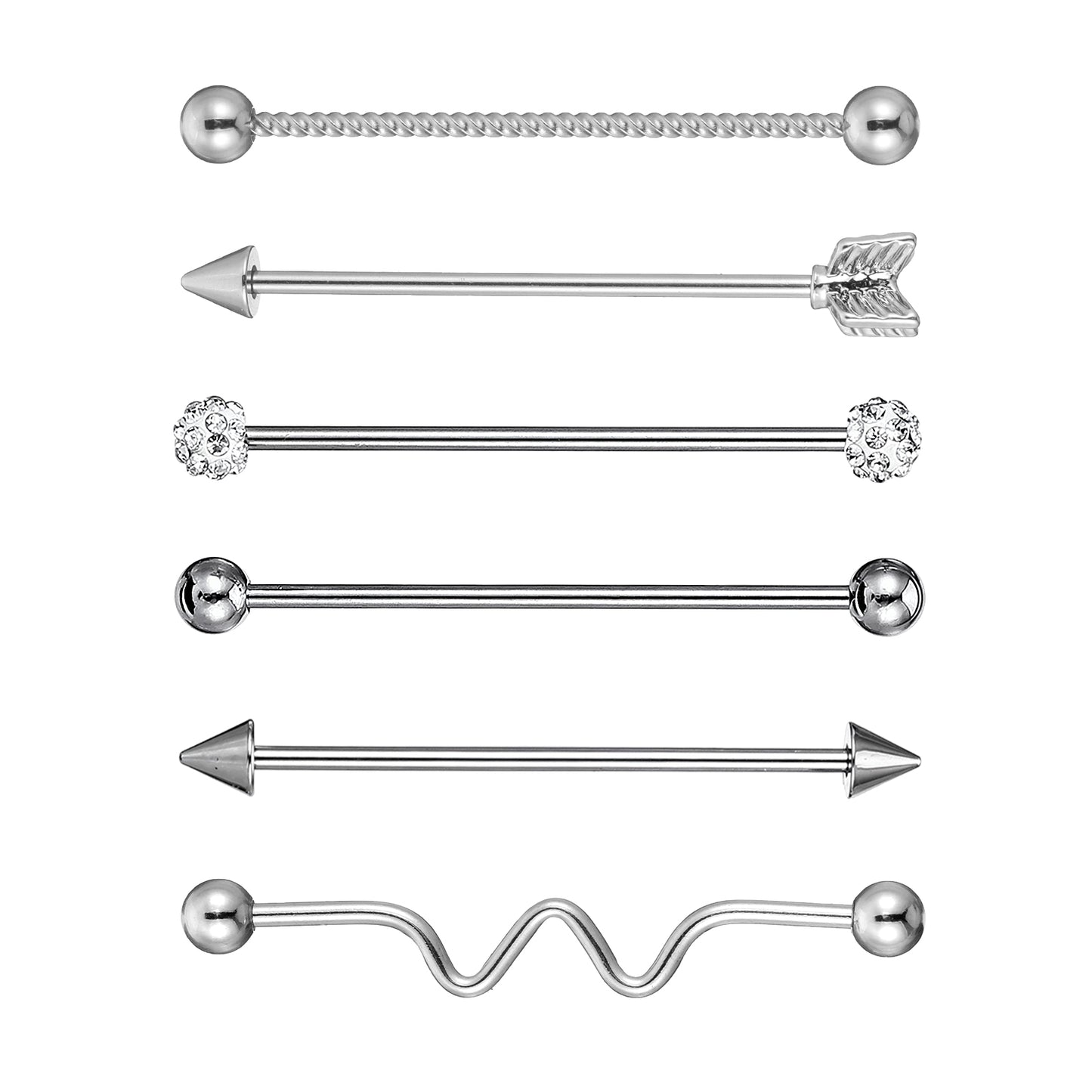 Tucnoeu 6pcs 14G Industrial Piercing Jewelry, Cartilage Helix Piercing Earring, Surgical Steel Industrial Barbell Earrings, Silver for Women Men