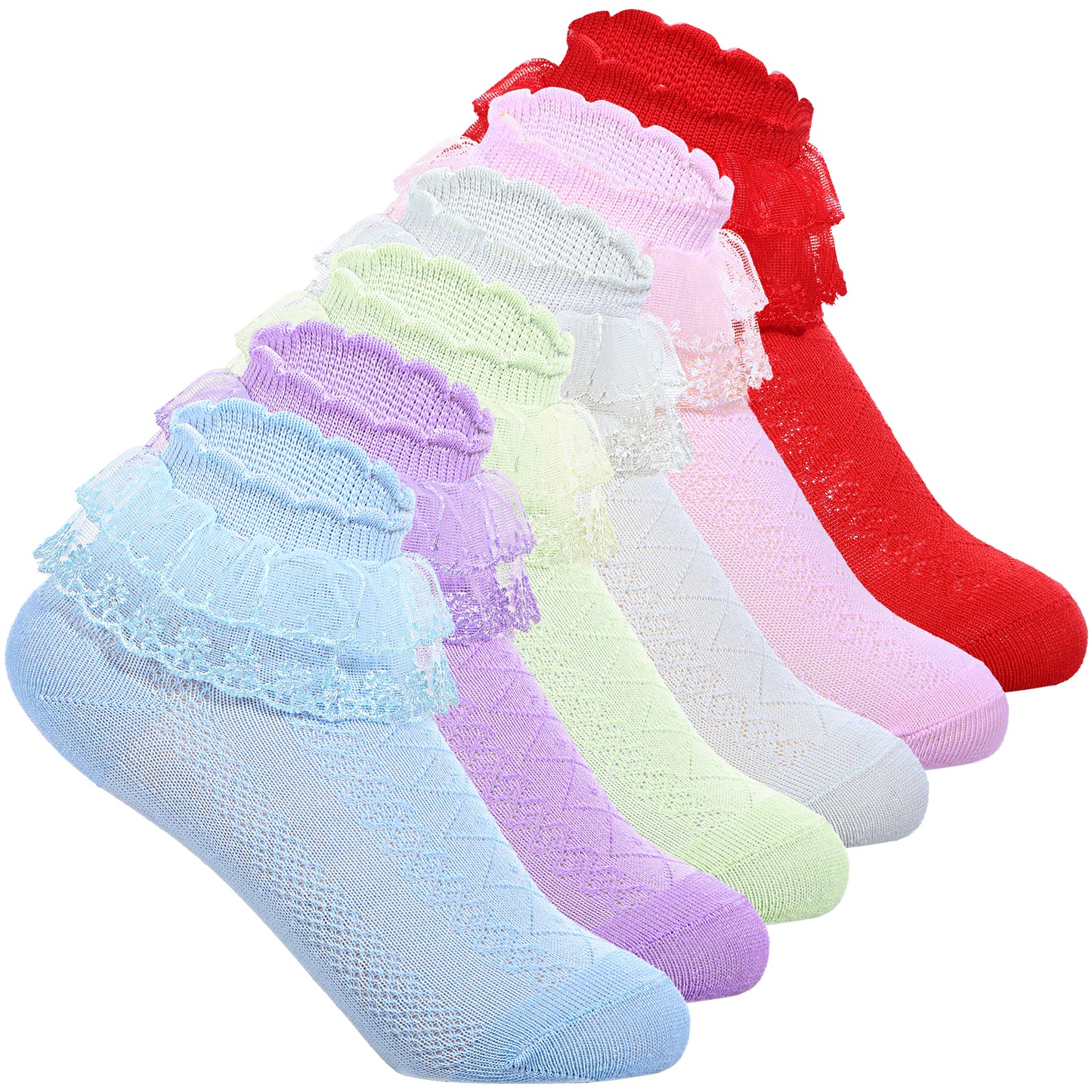 Telooco 6 Pairs Girls Ruffle Socks Cute Dress Socks Frilly Lace Socks for Little Kids 4-6 Years