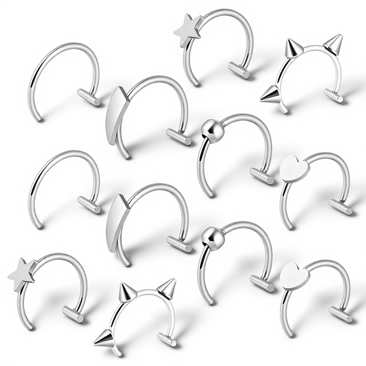 Josojoou 12 Pcs Stainless Steel Fake Lip Ring Cuffs - Silver Clip on Septum Ring, Vampire Fangs Lip Cuff Piercing Jewelry Hoops, Adjustable Non-Piercing Lip Piercing Jewelry for Women Men