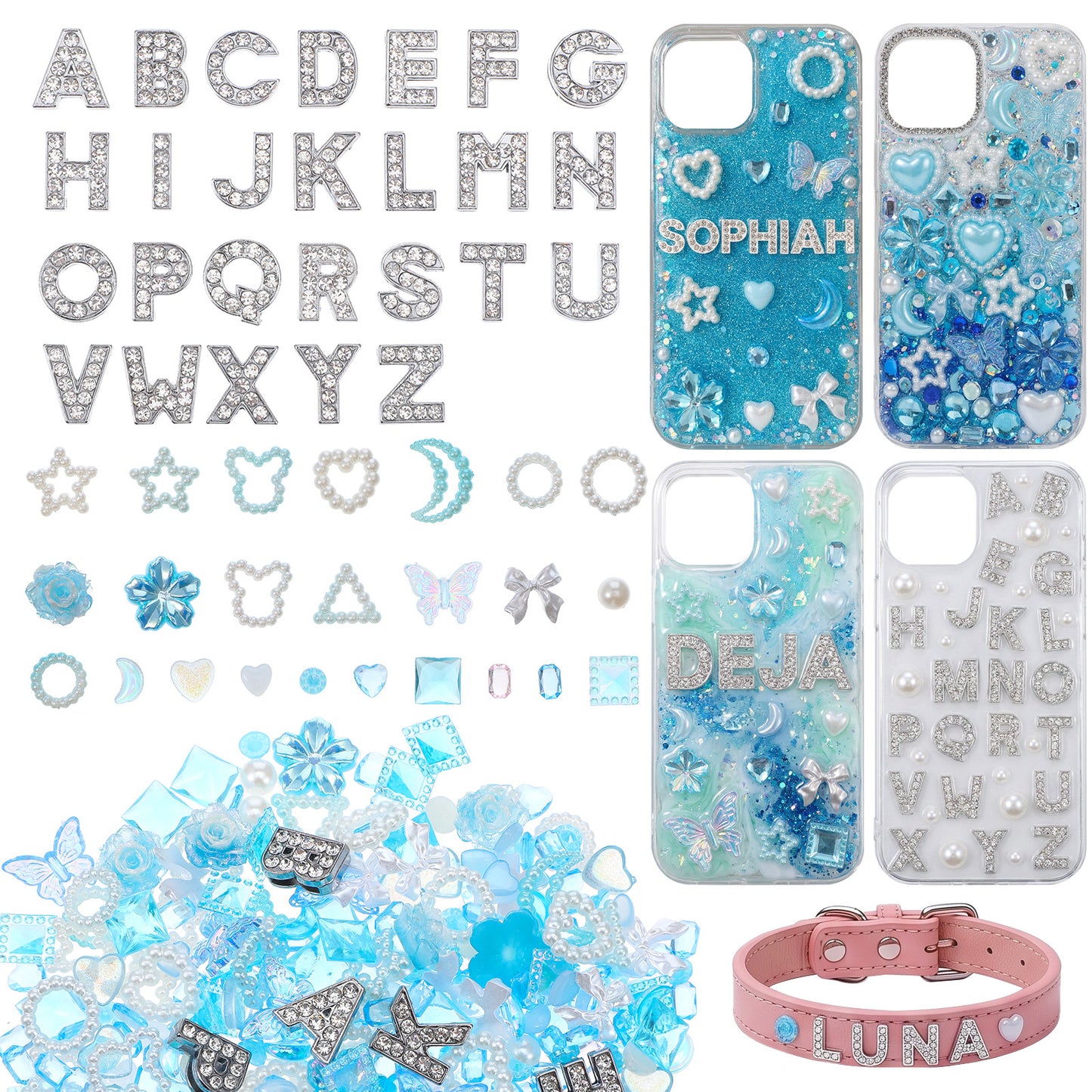 HaiFafafaing 330 Pcs Nail Charms- Blue Alphabet Letter Junk Phone Case Charm Kit - Y2K Plastic Charms With Bowtie Bag Letter Moon Blossom Sign Plastic Kits With DIY Phones Finger Nails Decorations
