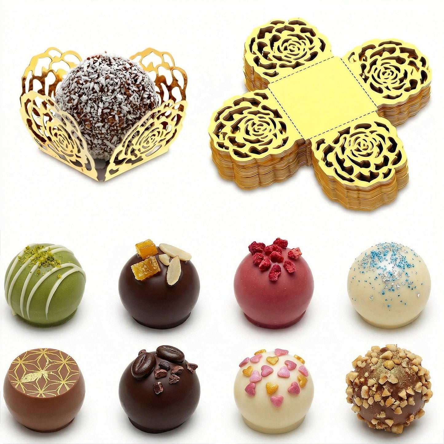 50 Pcs Gold Truffle Wrappers Greaseproof Mini Paper Chocolate Cups Disposable Small Floret Baking Liners Decorative Muffin Cupcake Wrappers for Muffins Cupcakes Birthday Wedding Decor,1.38 x 1.38 Inch