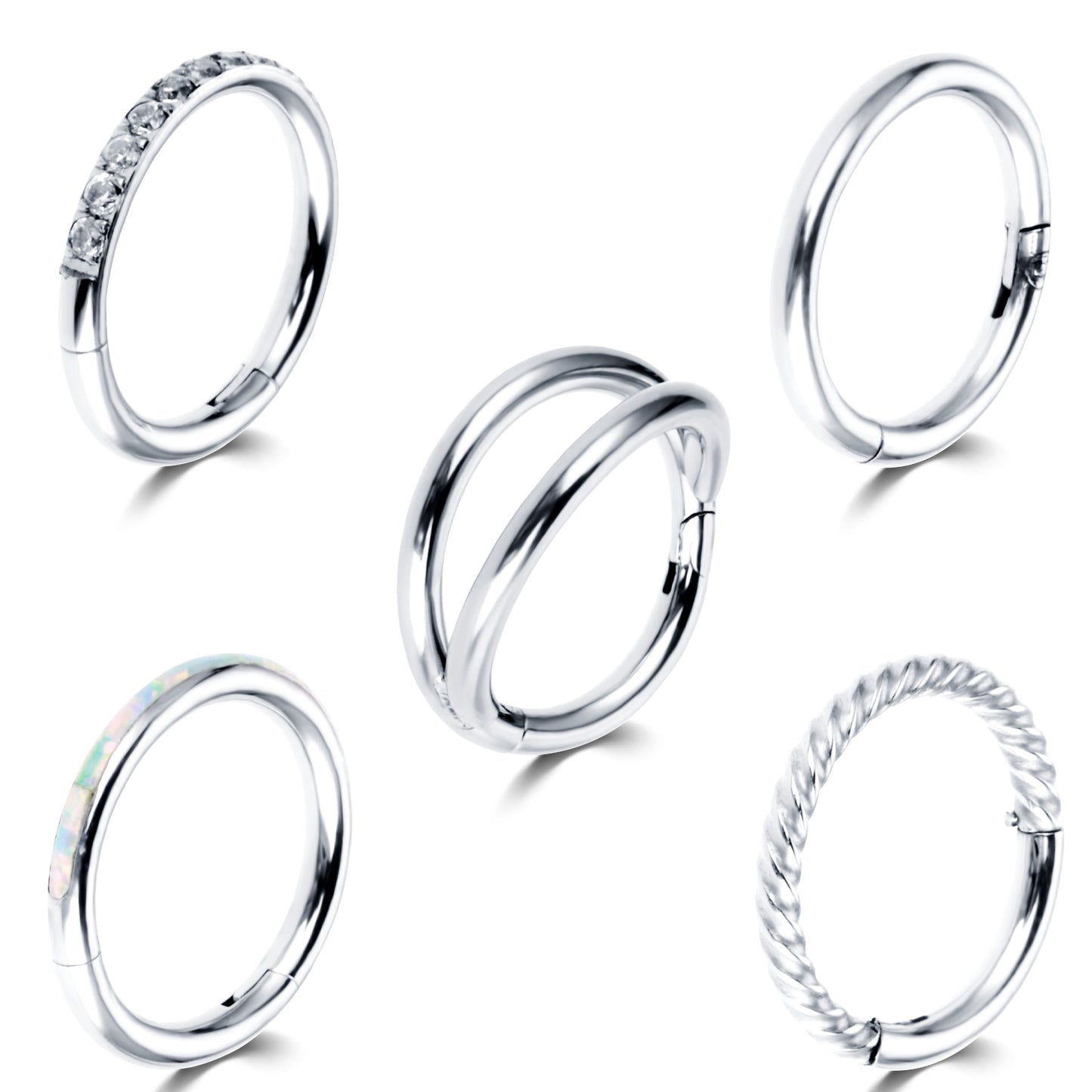 Yolev 5Pcs 16G Nose Rings Hoops Hinged Clicker Septum Ring CZ Tragus Cartilage Double Nose Ring Silver Nose Body Piercing Jewelry for Women Men(8MM)