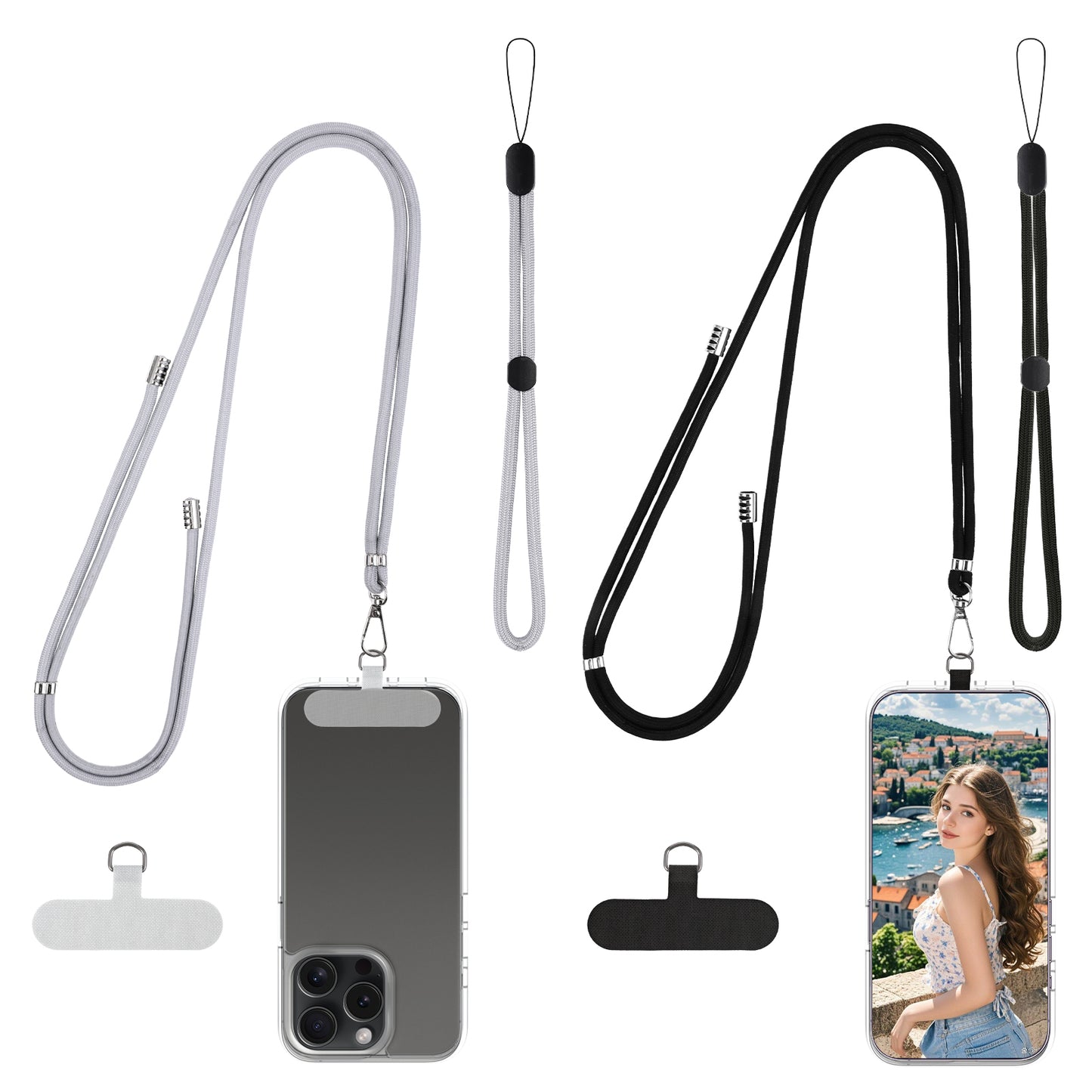 Tucnoeu Cell Phone Lanyard Set,include 2 Cell Phone Lanyard Crossbody Neck Strap & 2 Phone Wrist Strap,4×Phone Case Pabs for Most Smartphones,Black Grey
