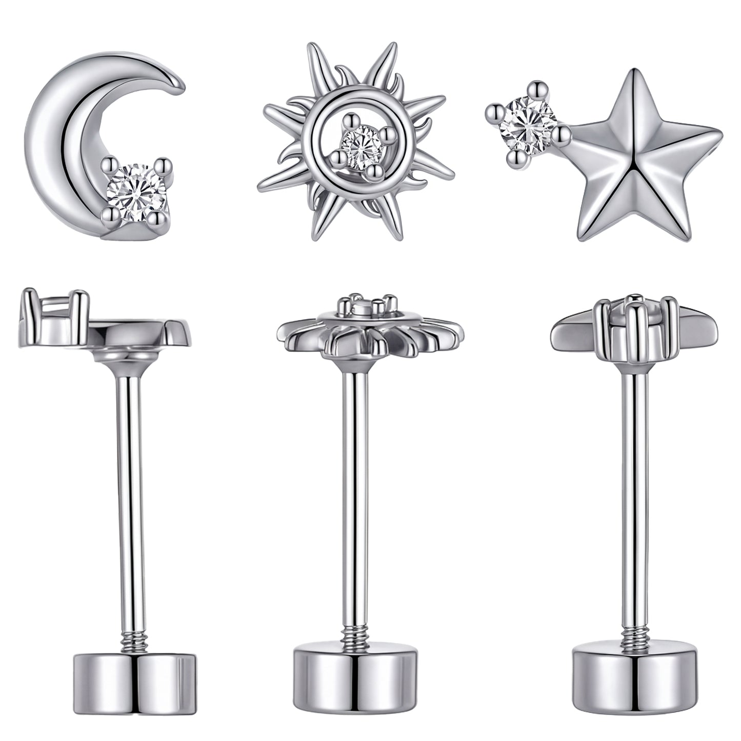 Flat Back Earrings - 3 Pairs Star Moon Sun Shape Silver Earrings Studs, Helix Tragus Cartilage Piercings Jewelry with Screws for Sensitive Ears for Men Women(20G/0.8mm)
