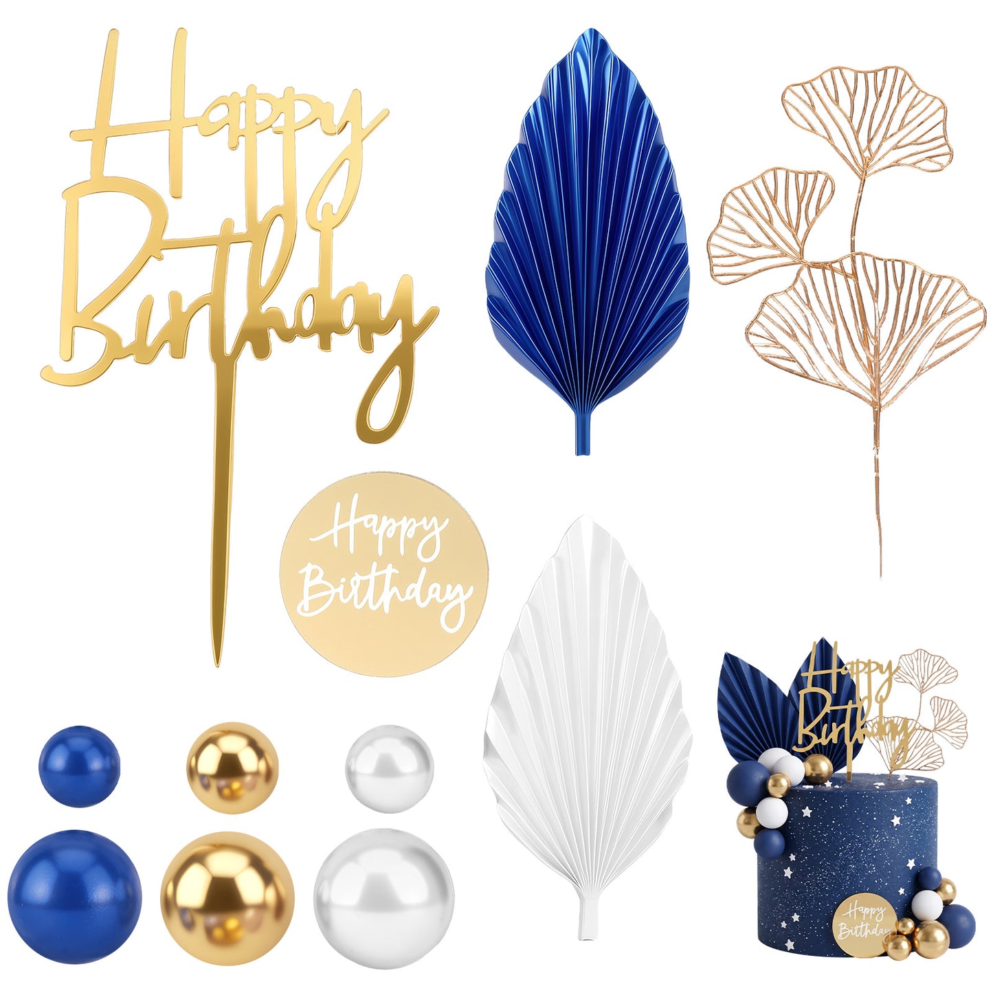 30 PCS Navy Blue Cake Balls Decorations - cake balls decoration with Palm Leaves Mini Balloons Cupcake Insert for Baby Shower Wedding Party Decor