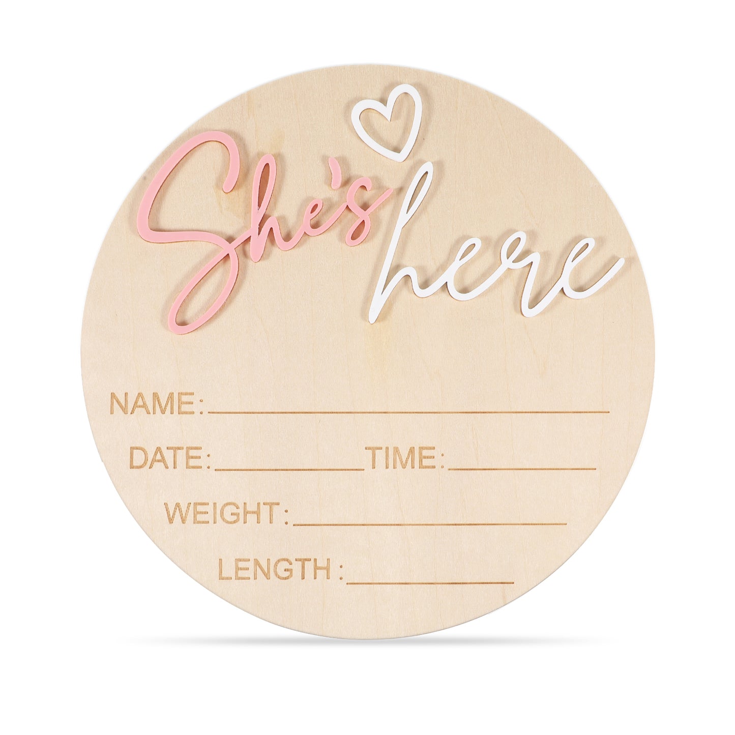 Birth Announcement Sign Wooden She’S Here Baby Sign 5.83Inch Round Welcome Baby Signs for Newborn Girls Photo Props Babys Shower Hospital Nursery