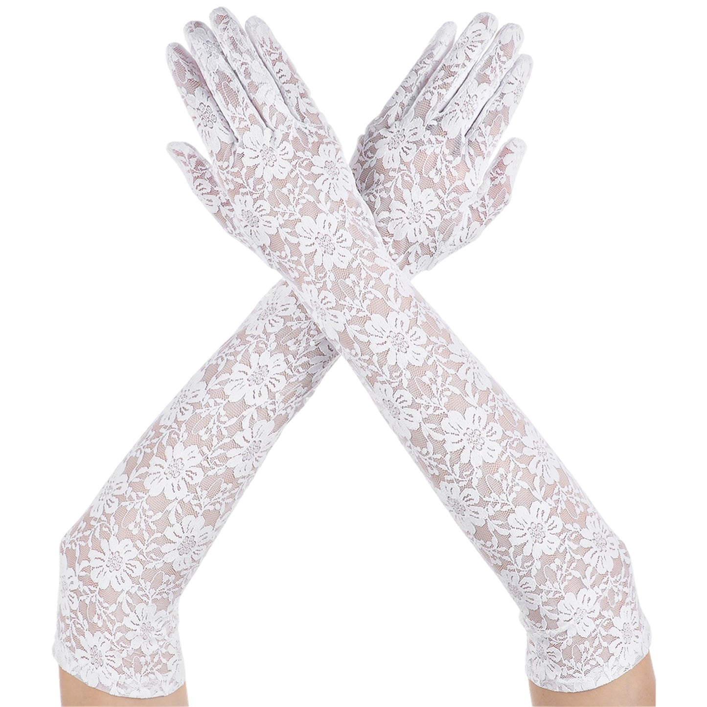 HaiFafafaing Long Lace Gloves Women Floral Elegant Lace Tea Party Opera Gloves Elbow Length for Party Dance Dress Wedding(White)