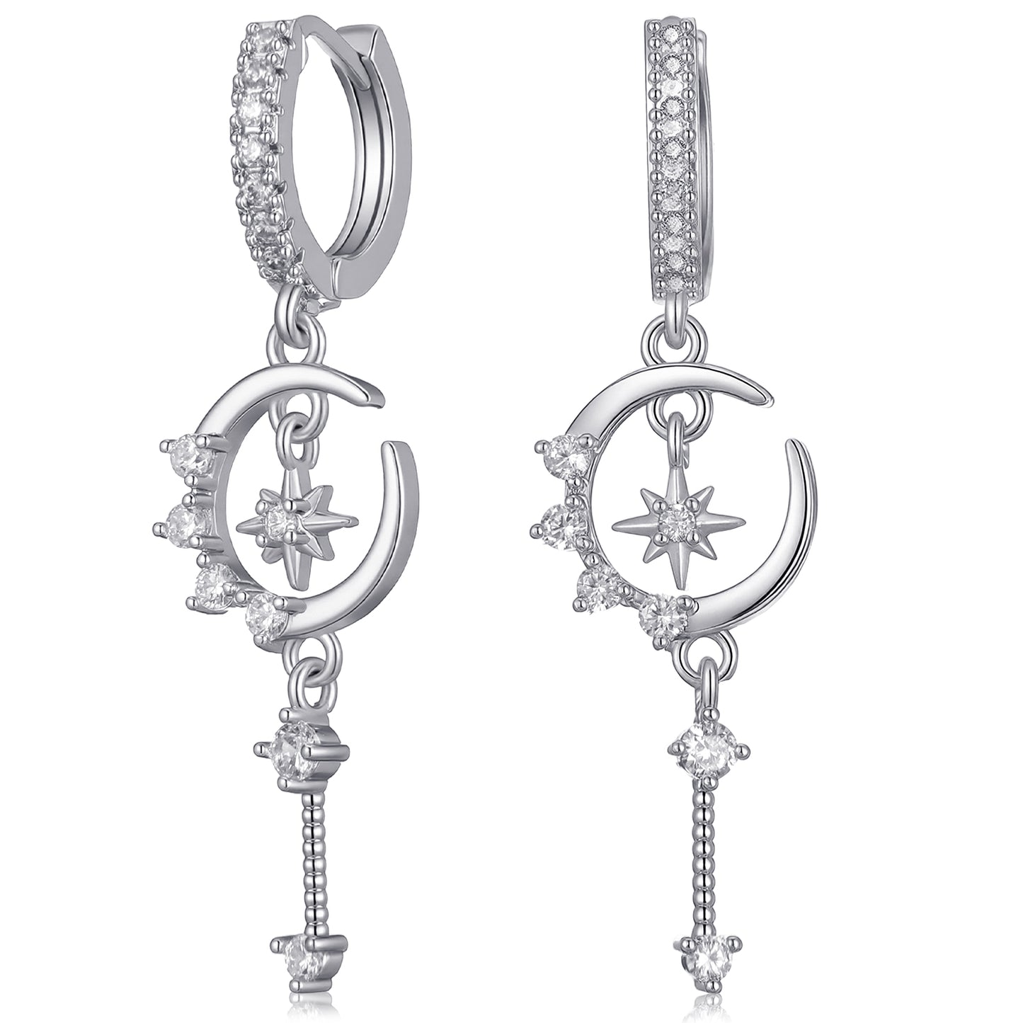 Yolev Star and Moon Hoop Dangle Earrings for Women Dainty Dangle Hoop Earrings Silver Plated Cubic Zirconia Dangling Earrings for Women Space Style Jewelry