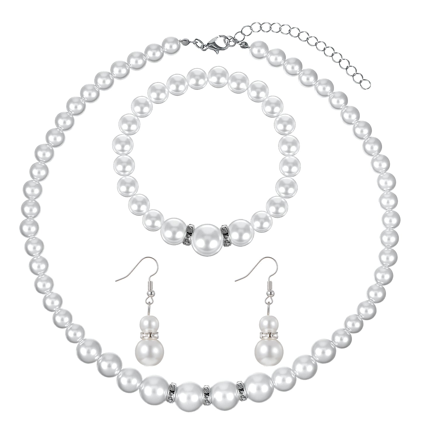 Yolev Pearl Jewelry Set for Women White Faux Pearl Earrings and Necklace Bracelet Set Rhinestone Crystal Pearl Set Jewelry for Women Bridal Wedding Birthday Valentine Christmas Day Gifts