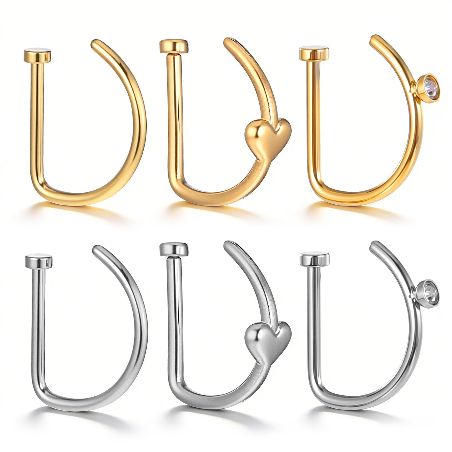 Tucnoeu 6PCS D Shape Fake Nose Ring Hoop, Silver Gold Clip On Faux Lip Piercings, Non-Pierced Jewelry for Women Men, Stainless Steel, Halloween Accessory