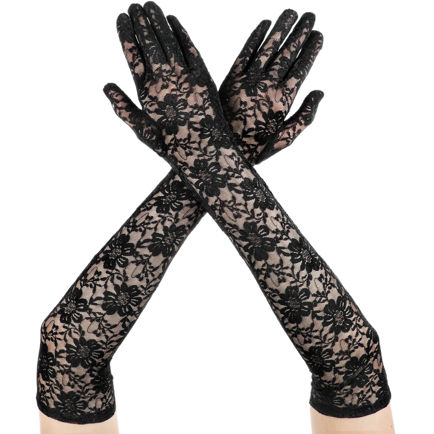 HaiFafafaing Long Lace Gloves Women Floral Elegant Lace Tea Party Opera Gloves Elbow Length for Party Dance Dress Wedding(Black)