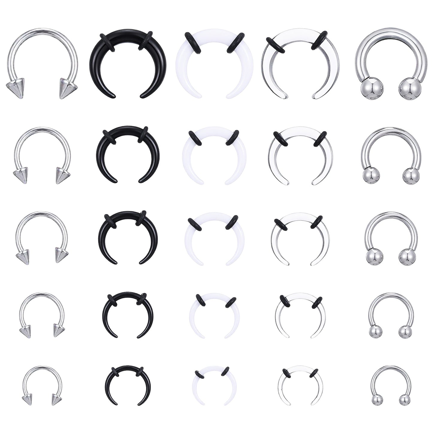 Yolev 25Pcs Septum Pincher Tapers Rings Acrylic Stainless Steel Septum Stretching Kit 16G-6G C Shape Horseshoe Septum Rings Piercing Jewelry Nose Rings Ear Cartilage Tapers for Ears Women Men