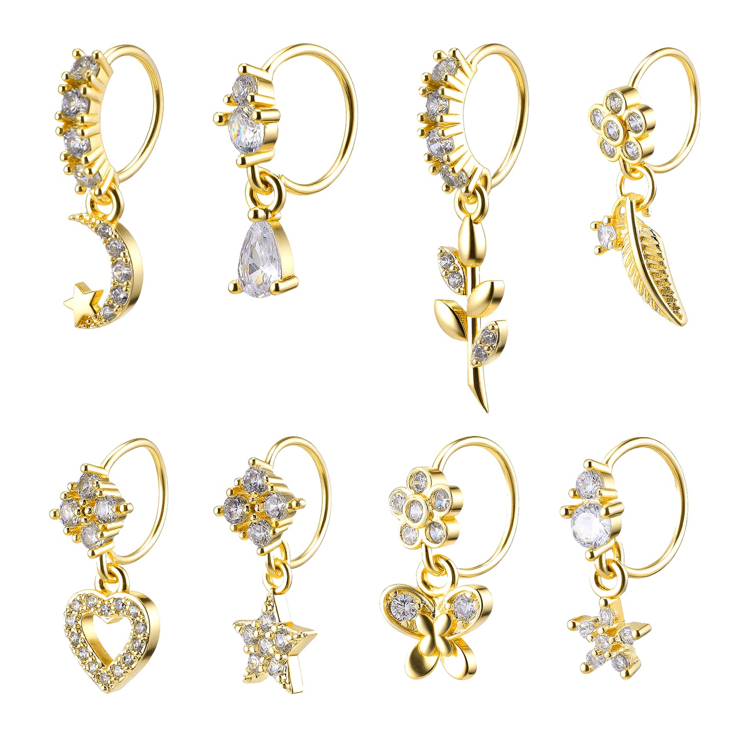 Yolev 8pcs Gold Dangle Nose Ring with Charm Dangling Nose Ring for Women 20G Dangle Noses Rings for Women Heart Flower Star Moon Leaf Butterfly Dangly Noses Rings Hoop