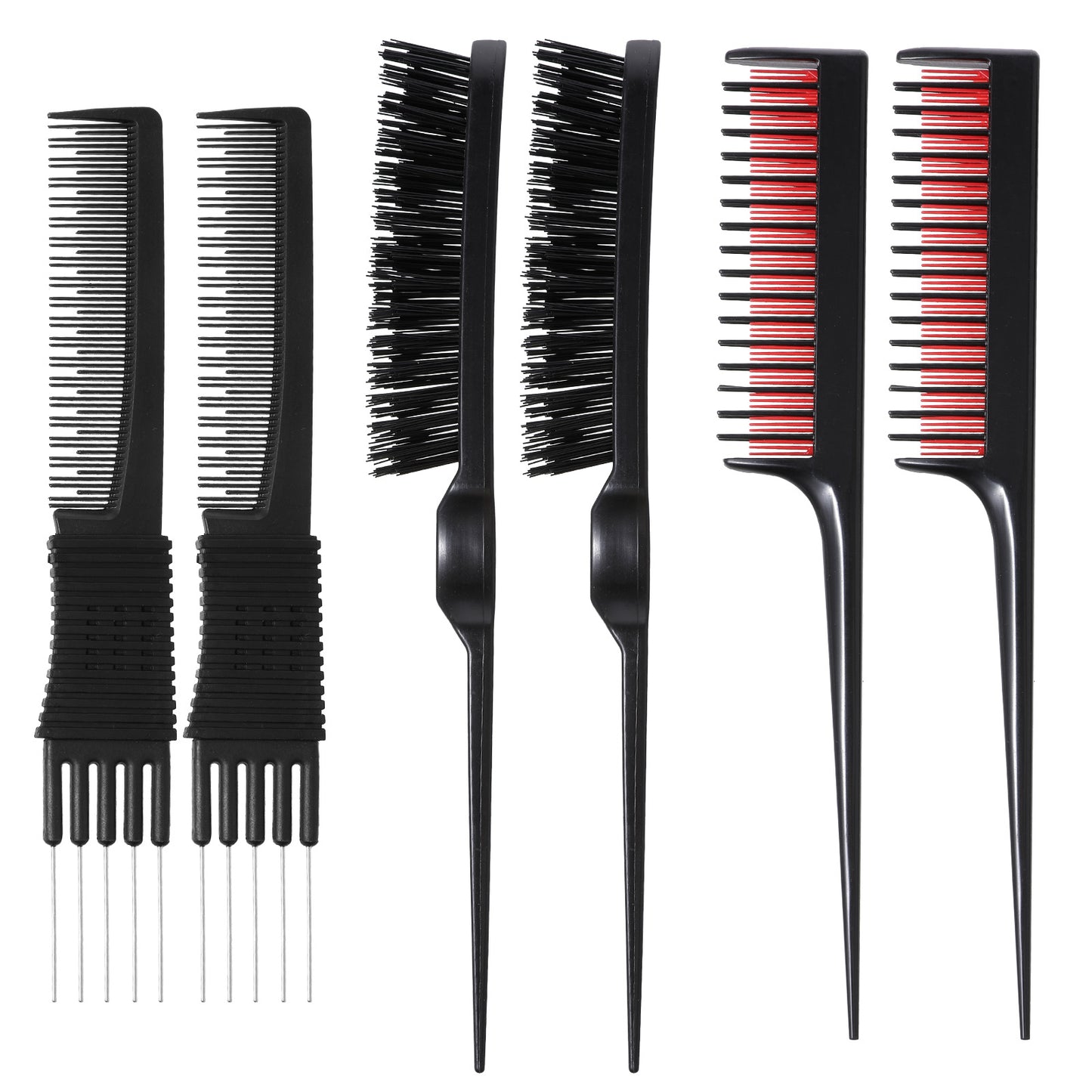 6pcs Teasing Brush Set for Women, Include Teasing Comb, Boar Bristle Hair Brush with Tail Handle and Rat Tail Comb Portable Hair Styling Tools for Women Hair Care(Black)