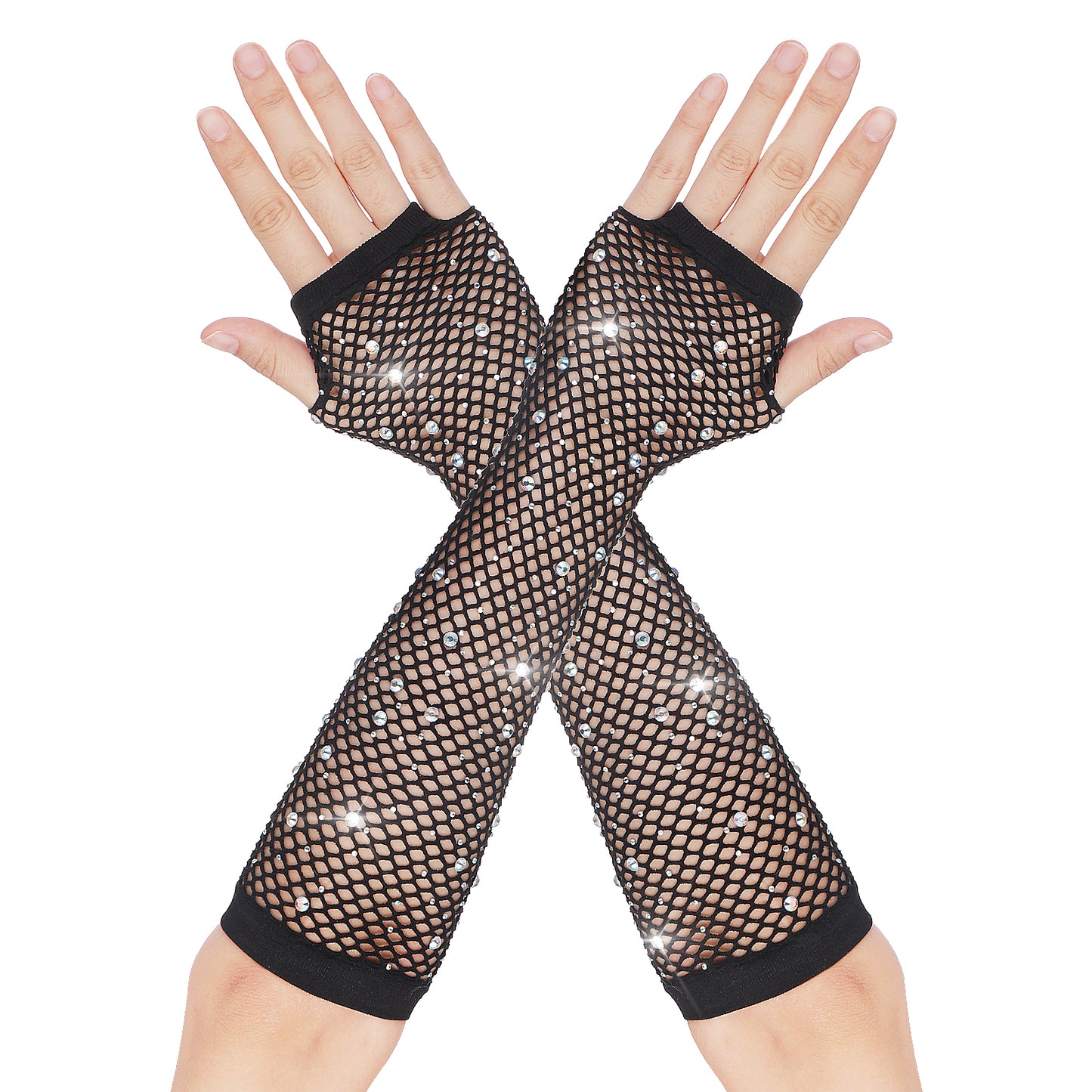 HaiFafafaing Fishnet Gloves Fingerless Mesh Gloves Long Rhinestone Neon Fingerless Fishnet Gloves Fish Net Arm Sleeves 80s Party Cosplay Costume Theme Halloween Accessories(Black)