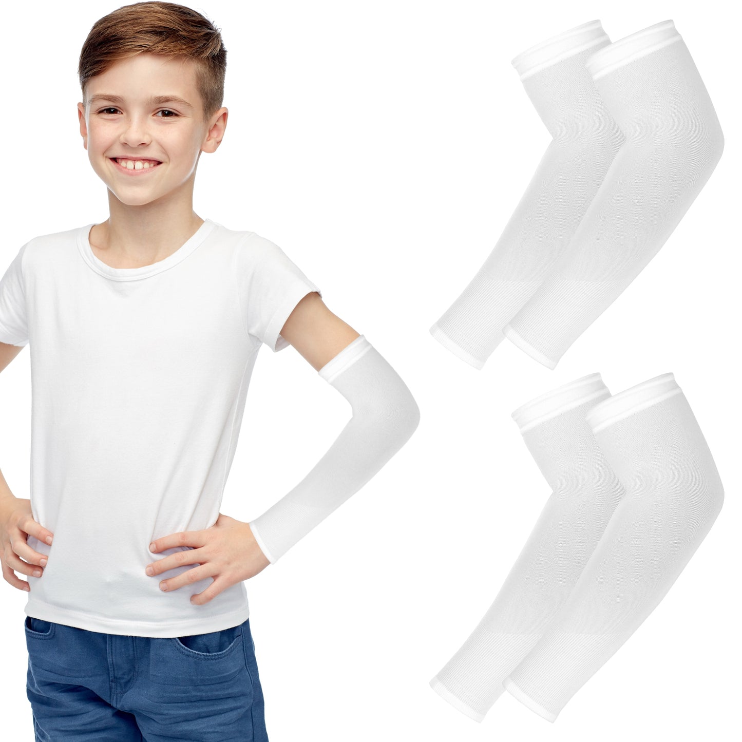 Tucnoeu 2 Pairs Sun Protection Arm Sleeves for Kids, UPF 50 Arm Cover for Boys & Girls, Ideal for Cycling, Golf, Outdoor Sports, Black(White)