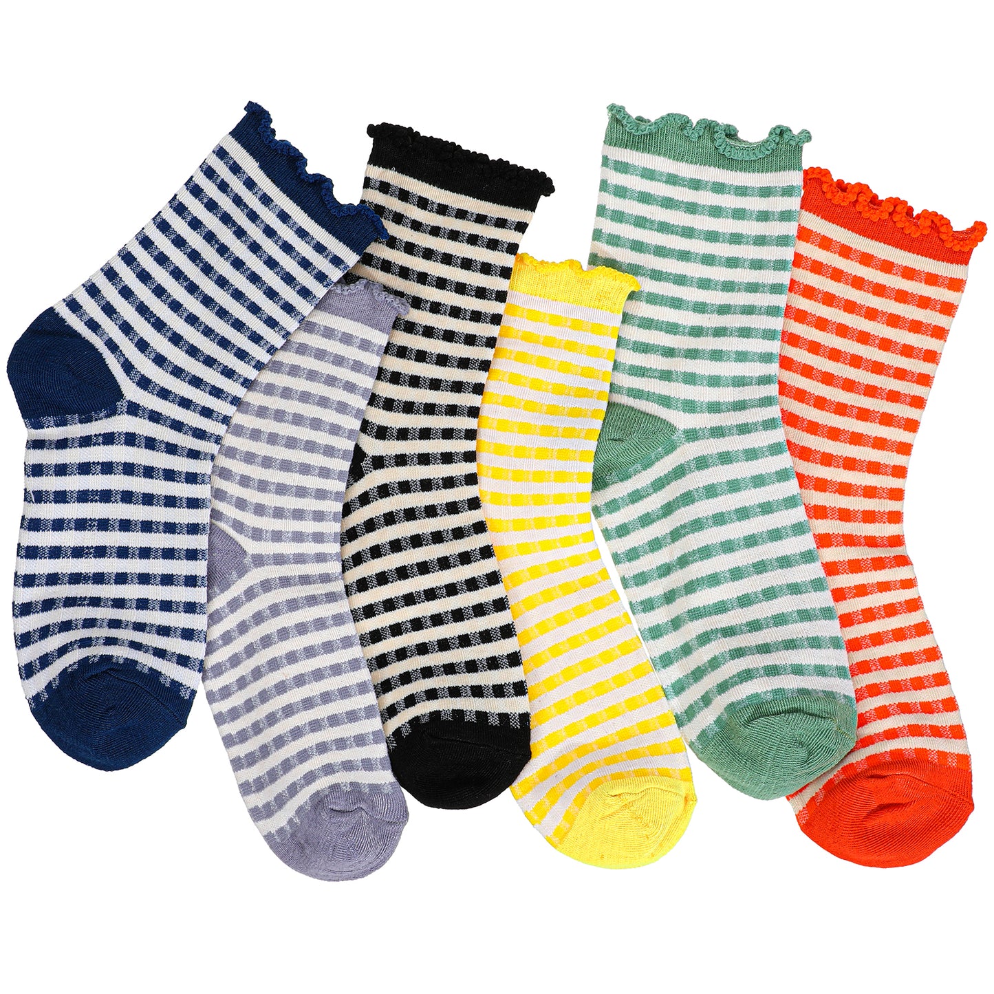 Josojoou 6Pairs Ruffle Ankle Socks Women, Cute Checkered Socks, Cotton Frilly Casual Short Crew Sock for Women Girls(6.5-8.5 US Size)
